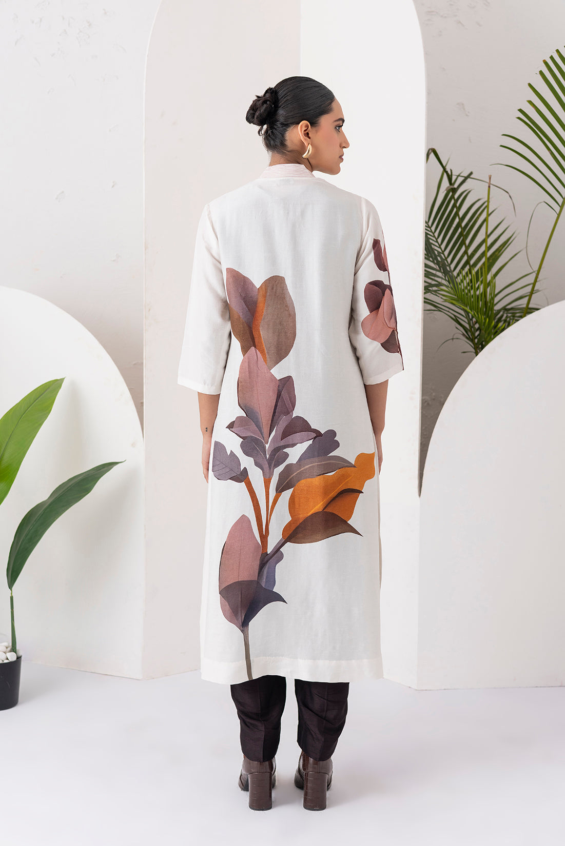 Ivory Viscose Dupion Leaf Printed Dress