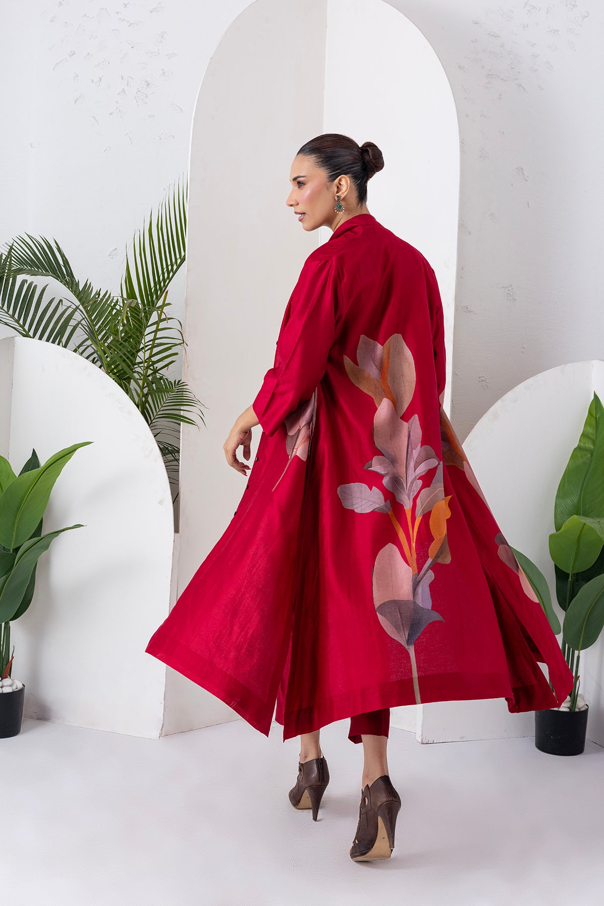 Maroon Silk Chanderi Leaf Printed Dress