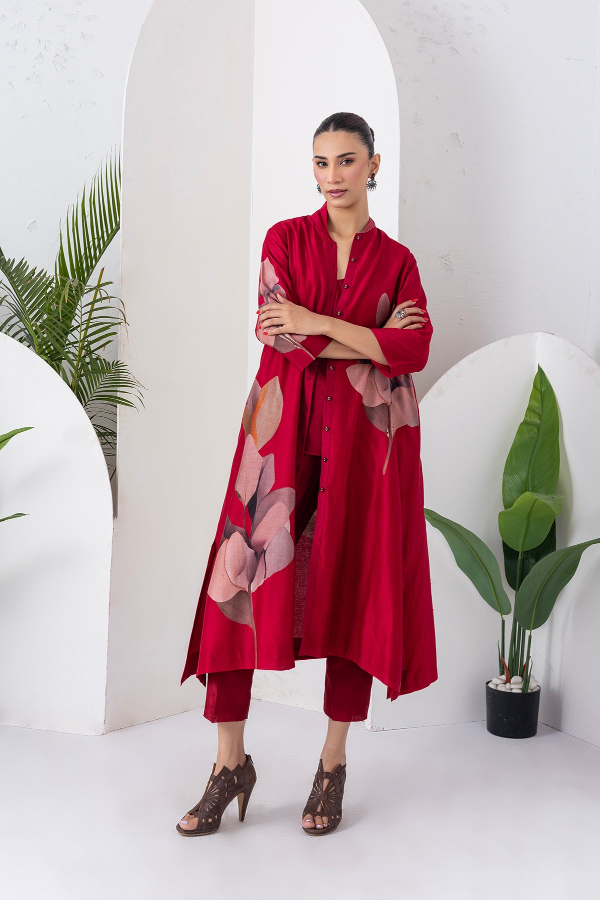 Maroon Silk Chanderi Leaf Printed Dress