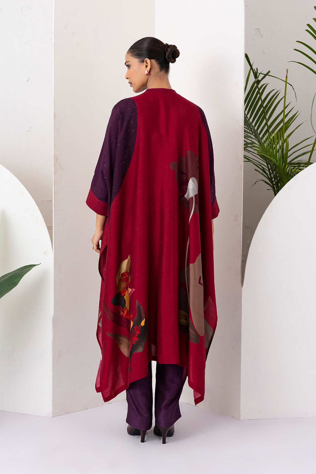 Red Viscose Dupion Printed Kaftaan