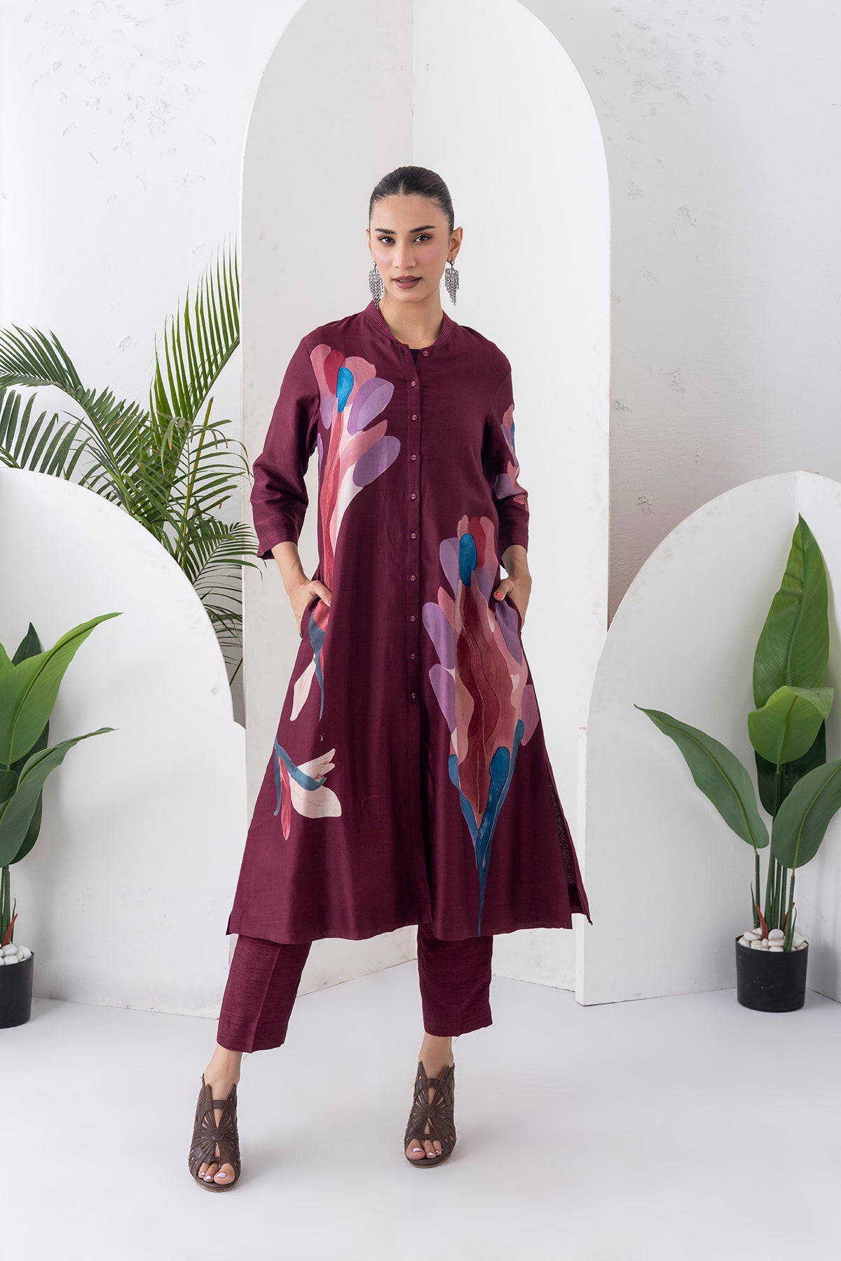 Chocolate Brown Silk Chanderi Printed Dress