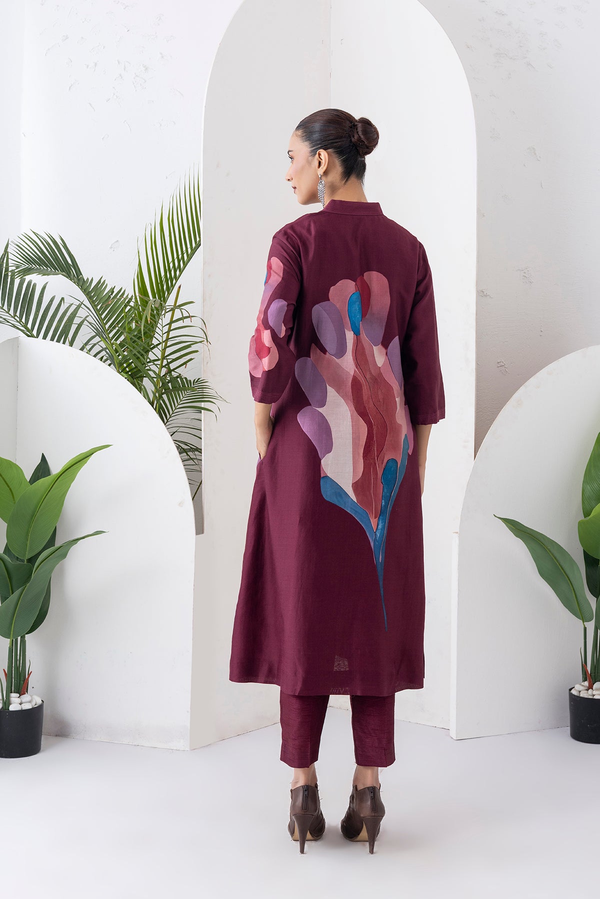 Chocolate Brown Silk Chanderi Printed Dress