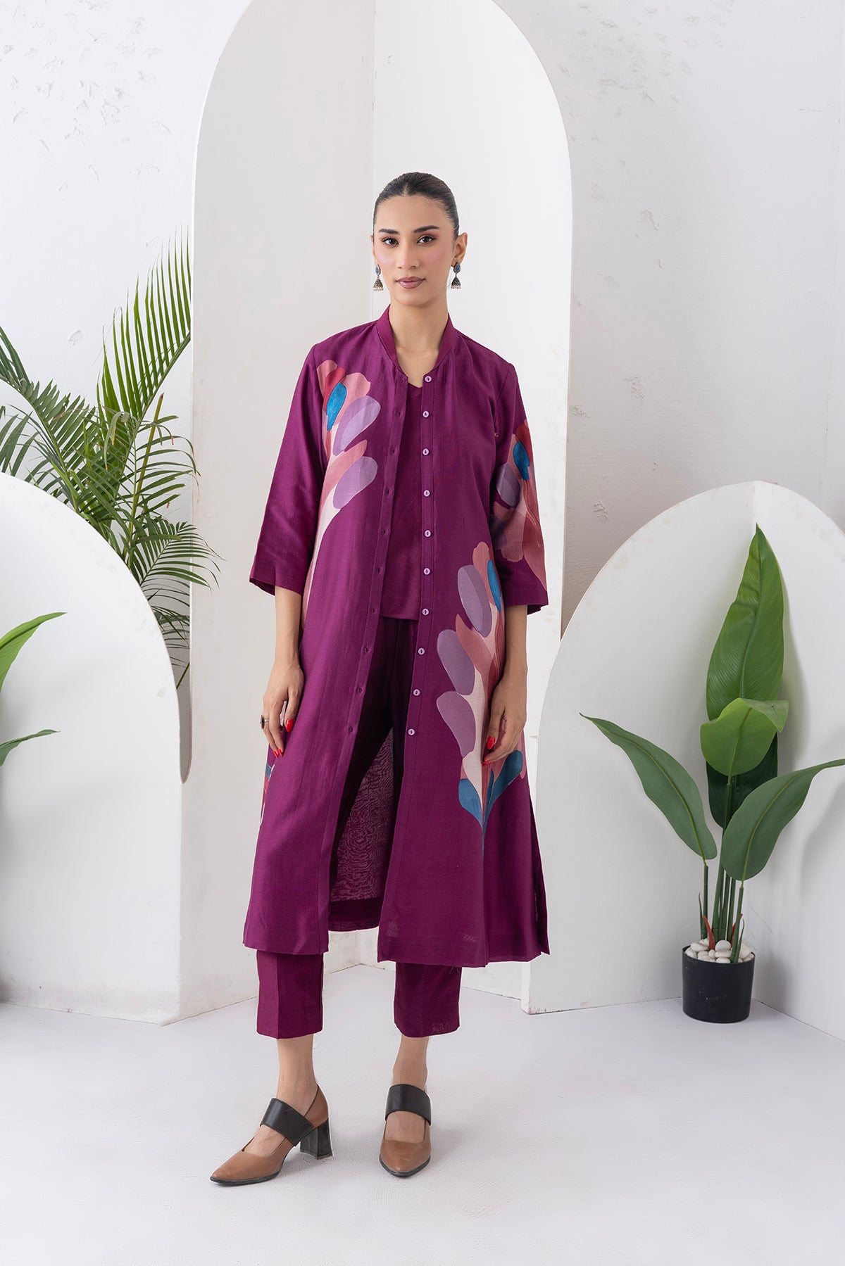 Wine Silk Chanderi Printed Dress