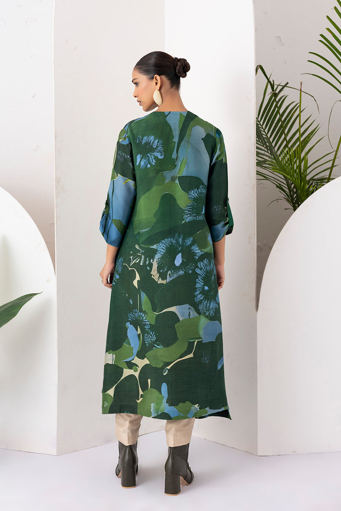 Green & Blue Viscose Dupion Printed Dress