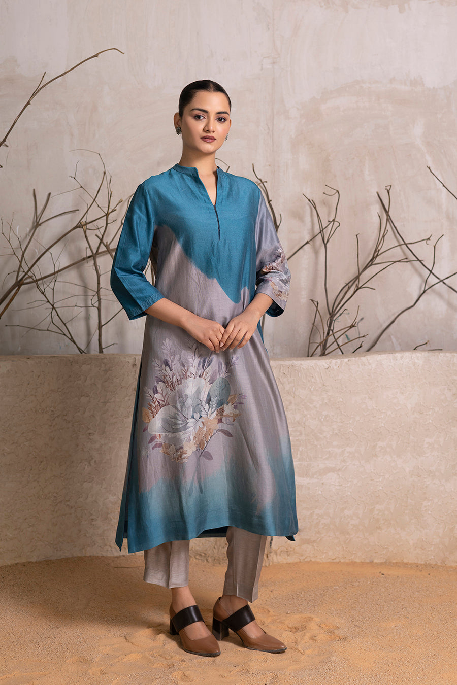 Denim Blue & Grey Shaded Silk Chanderi Printed Tunic
