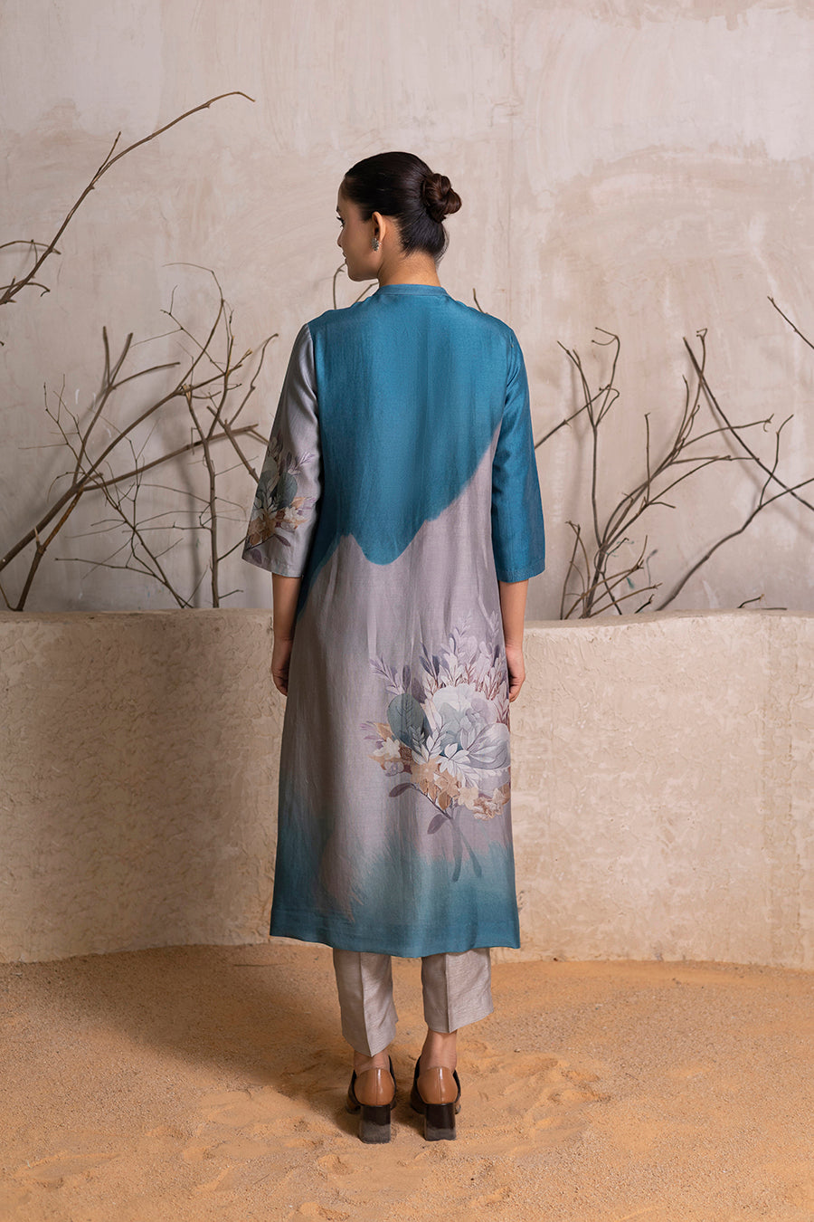 Denim Blue & Grey Shaded Silk Chanderi Printed Tunic