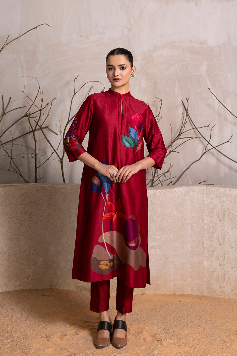 Red Silk Chanderi Printed Tunic