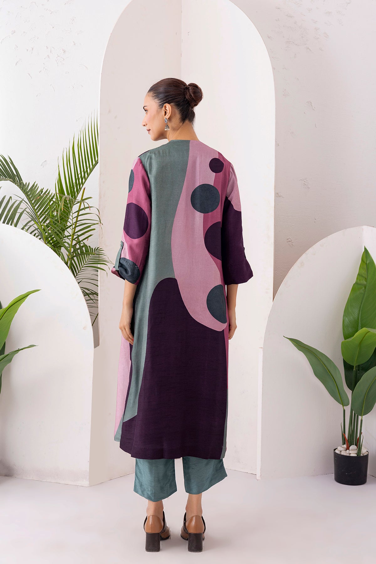 Salmon Pink & Wine Viscose Dupion Printed Dress
