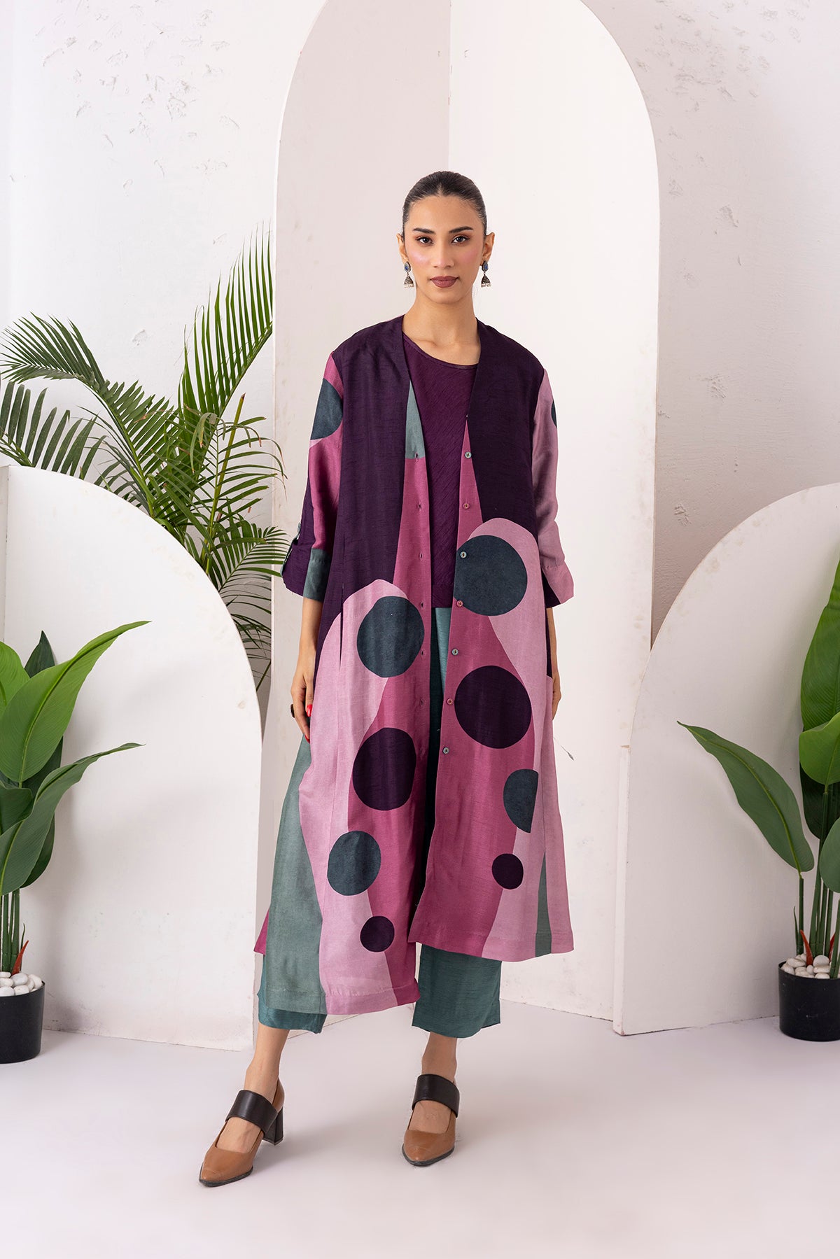 Salmon Pink & Wine Viscose Dupion Printed Dress