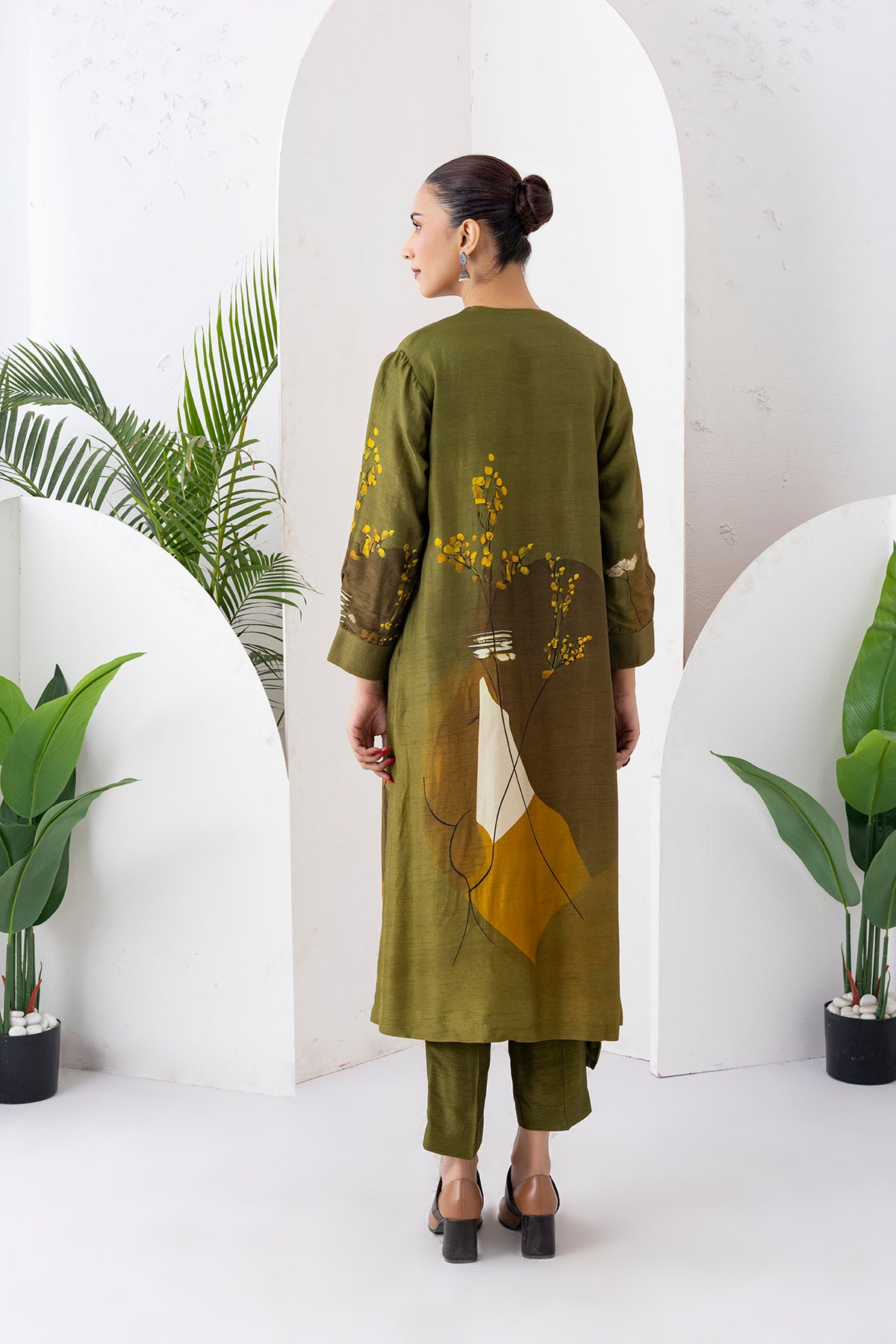 Moss Green Shaded Viscose Dupion Printed High-Low Dress