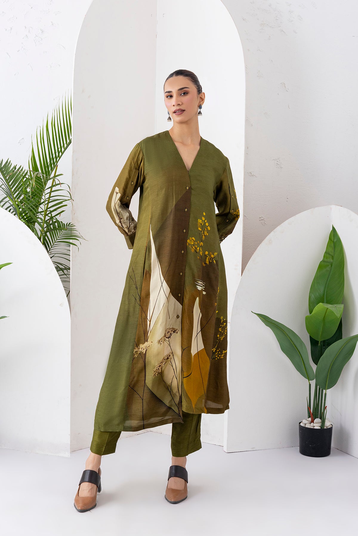 Moss Green Shaded Viscose Dupion Printed High-Low Dress