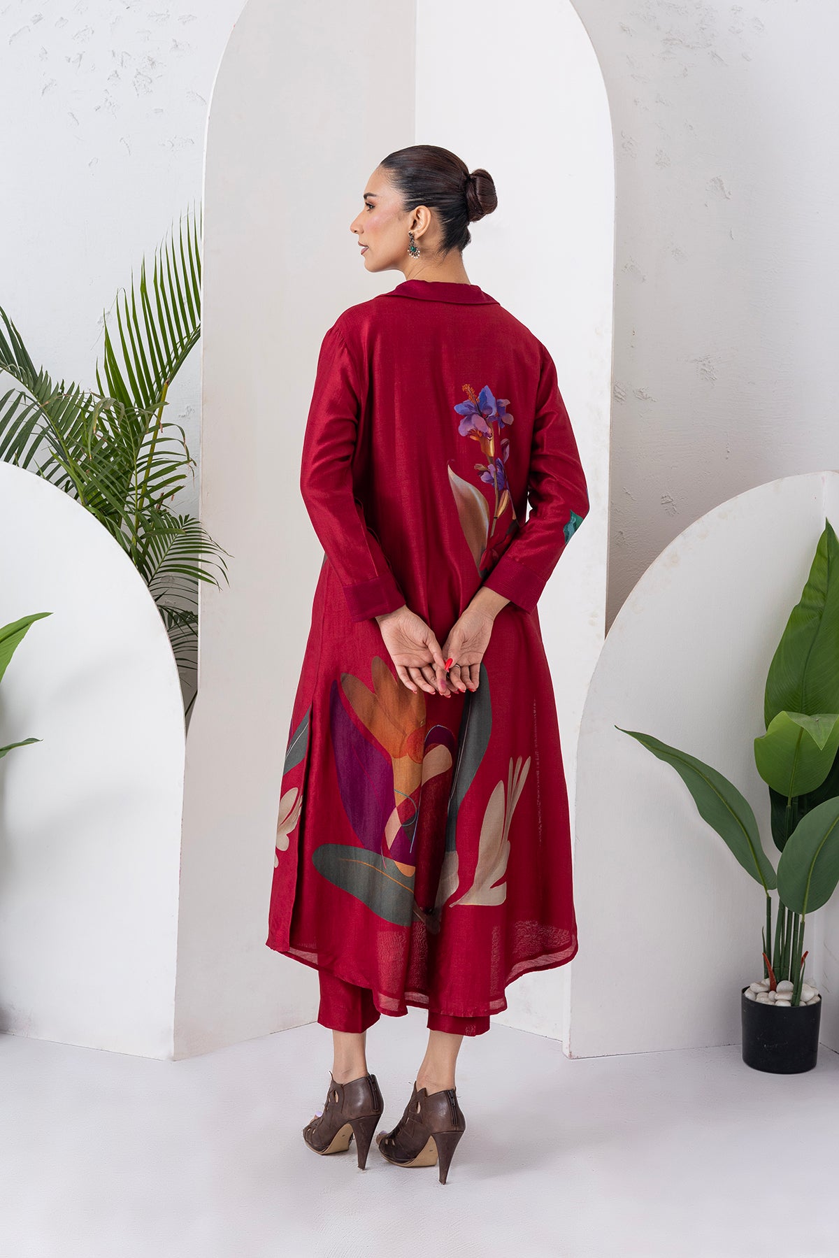 Red Viscose Dupion Printed Front Open Dress