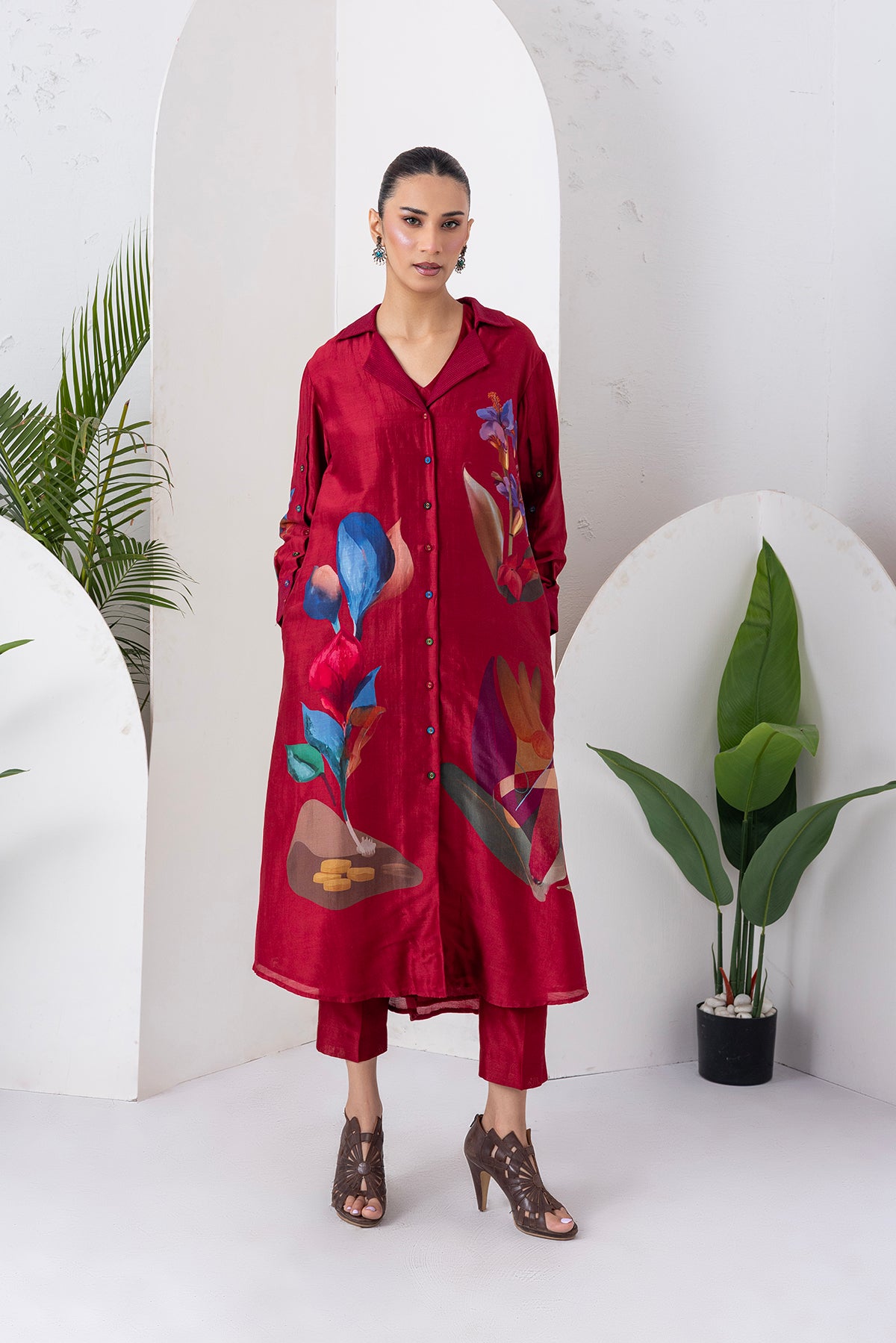 Red Viscose Dupion Printed Front Open Dress