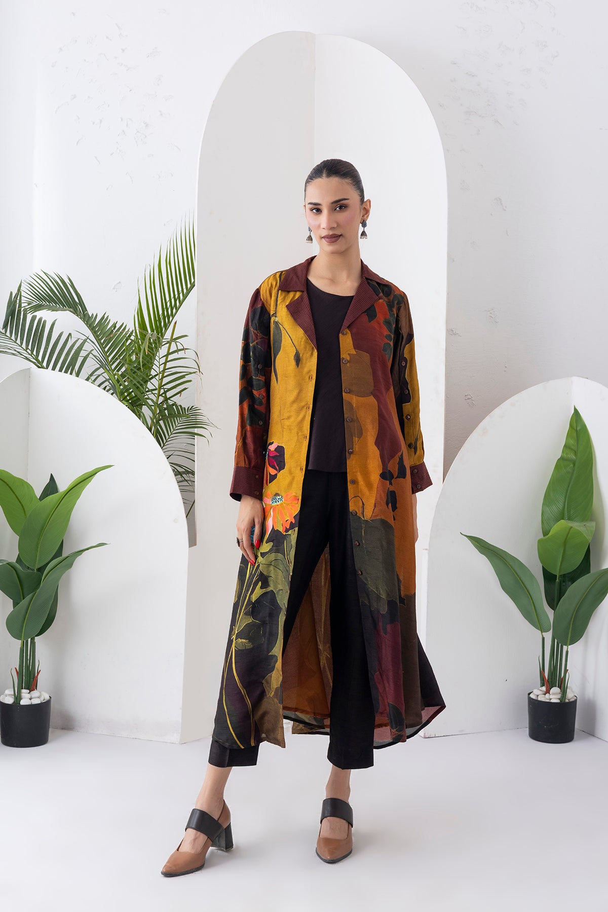 Mustard & Brown Viscose Dupion Printed Front Open Dress