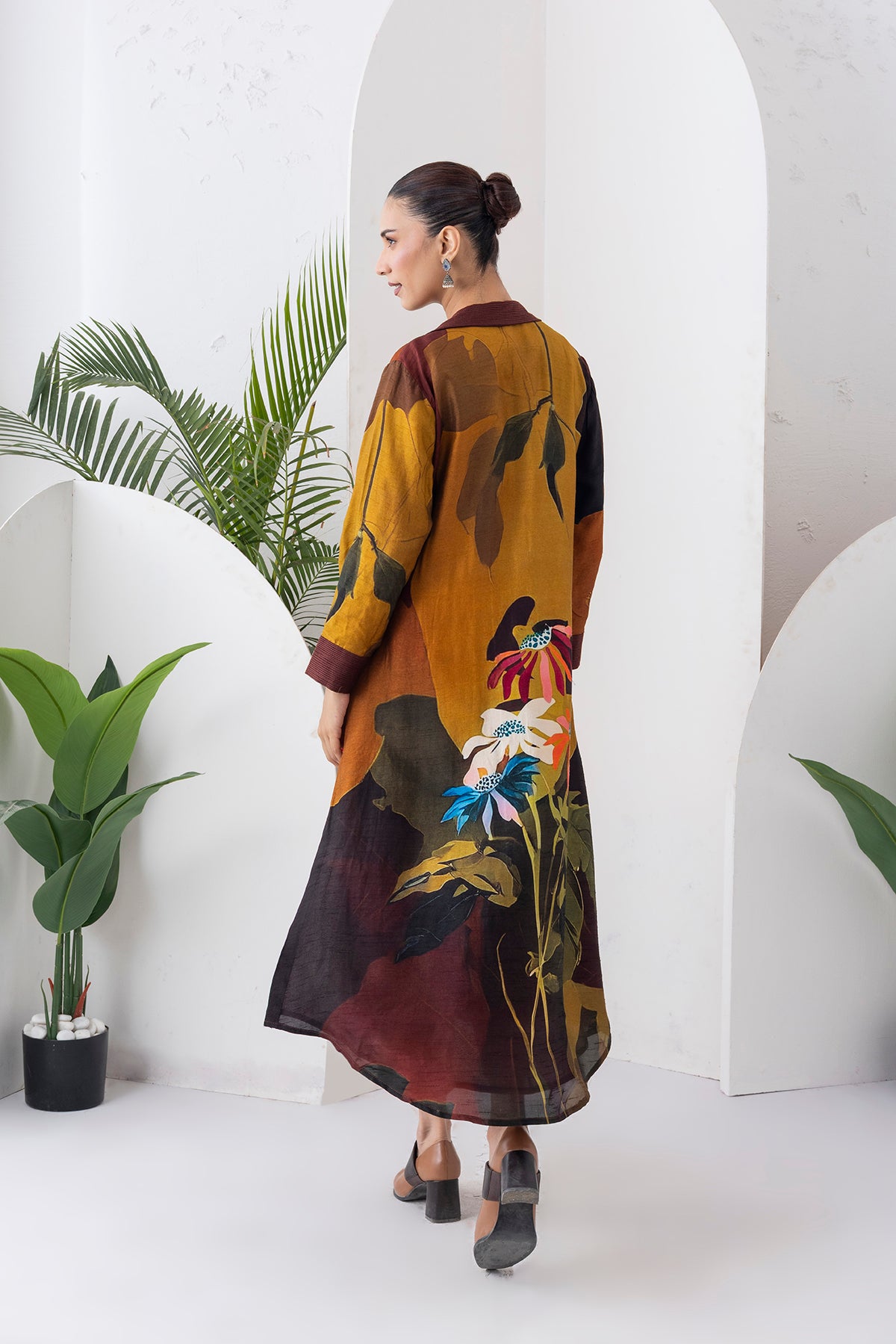 Mustard & Brown Viscose Dupion Printed Front Open Dress