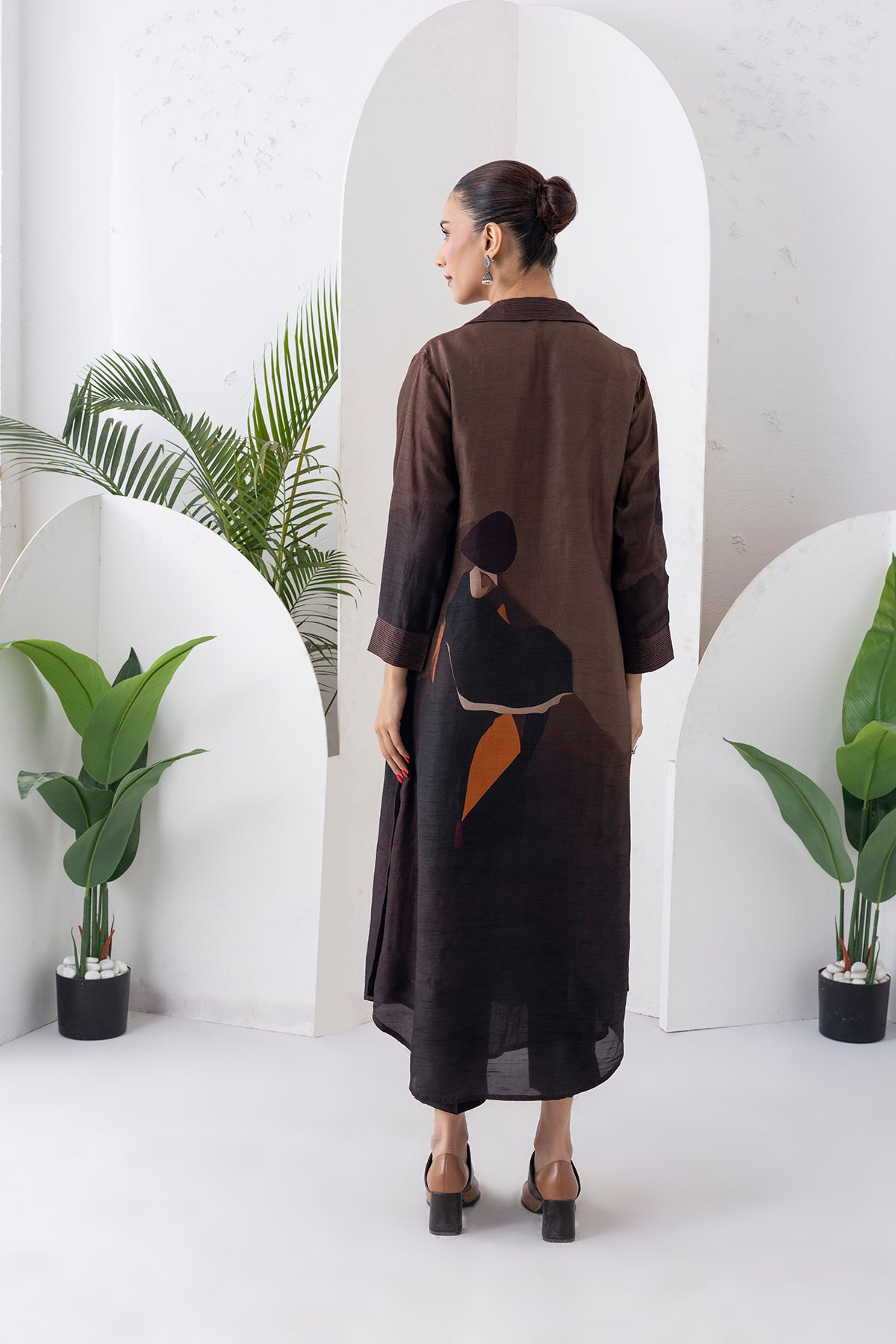 Shades Of Brown Viscose Dupion Printed Front Open Dress