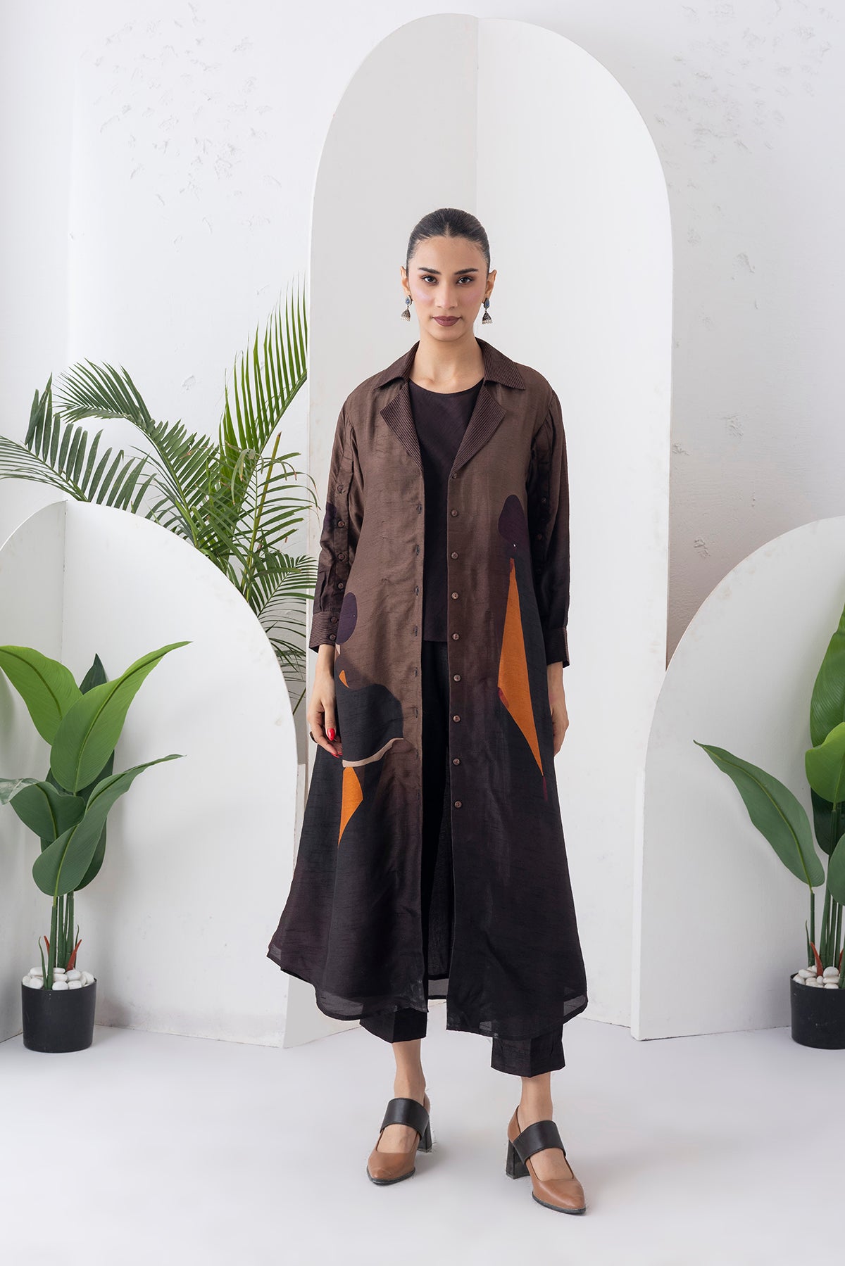 Shades Of Brown Viscose Dupion Printed Front Open Dress