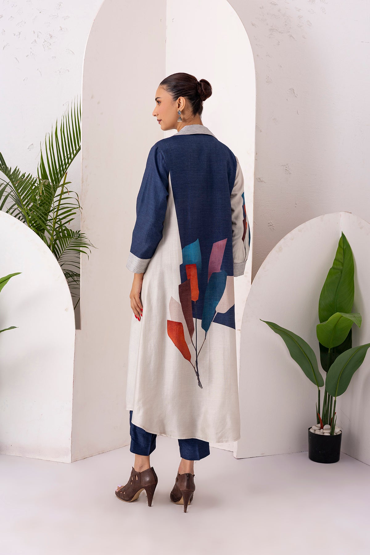 Blue & Ivory Silk Chanderi Printed Front Open Dress