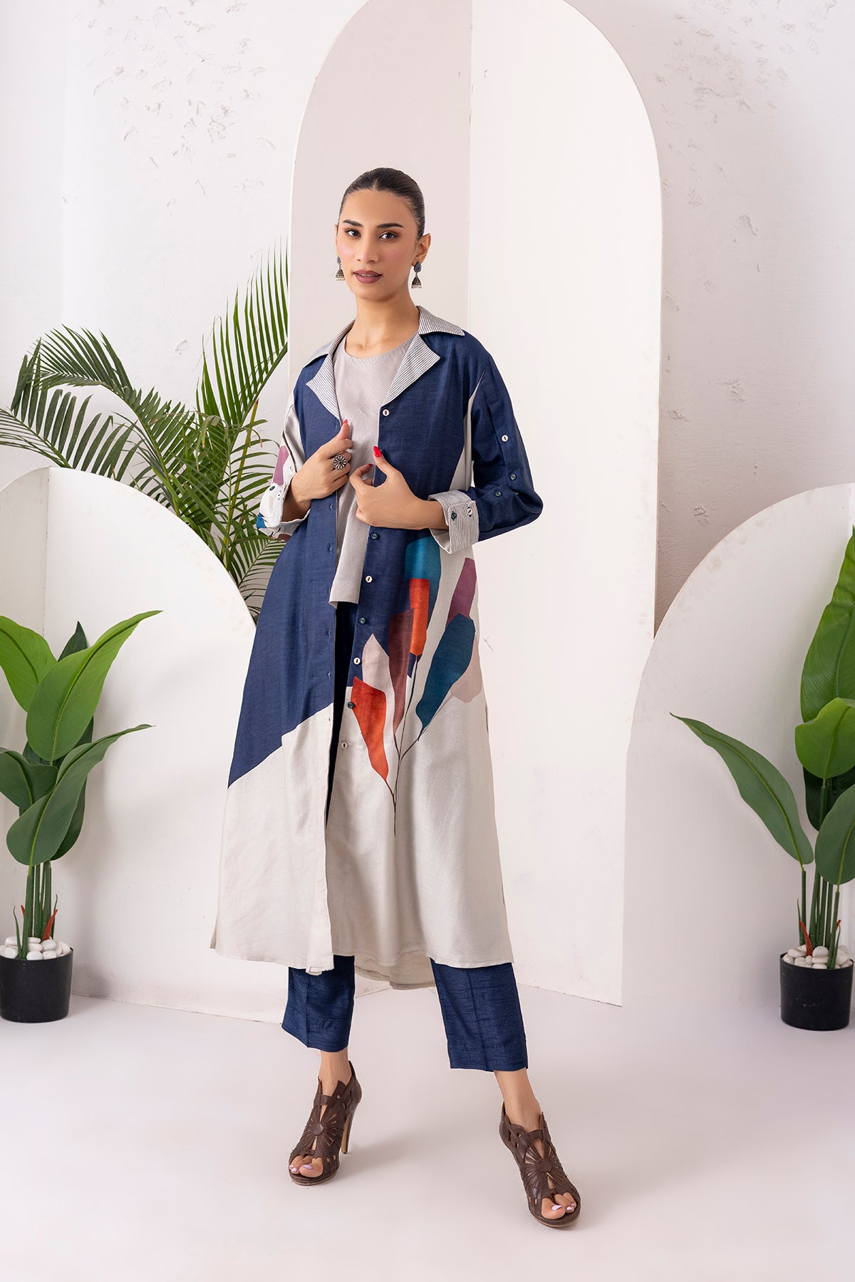 Blue & Ivory Silk Chanderi Printed Front Open Dress
