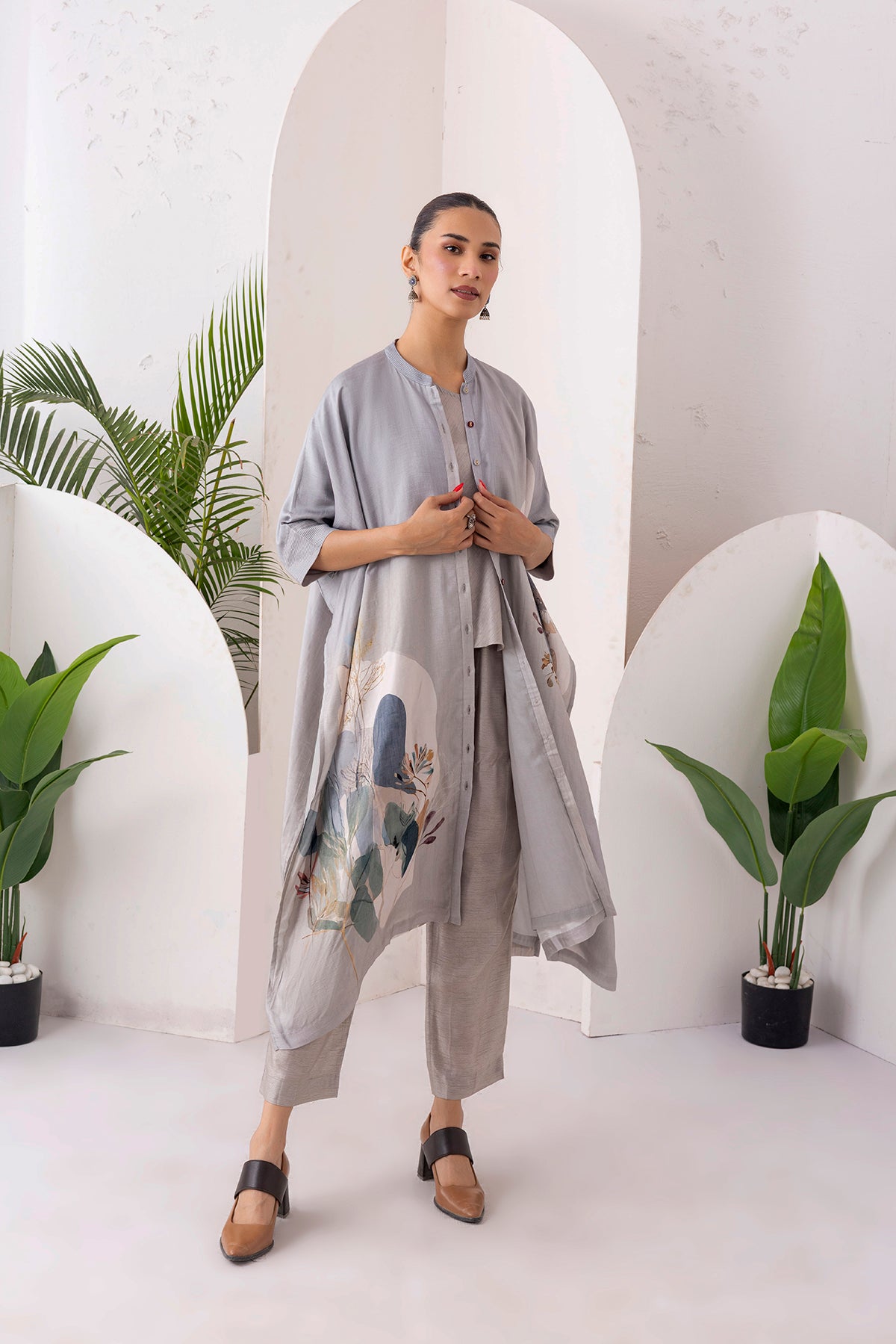 Grey Viscose Dupion Printed Kaftan Style Dress