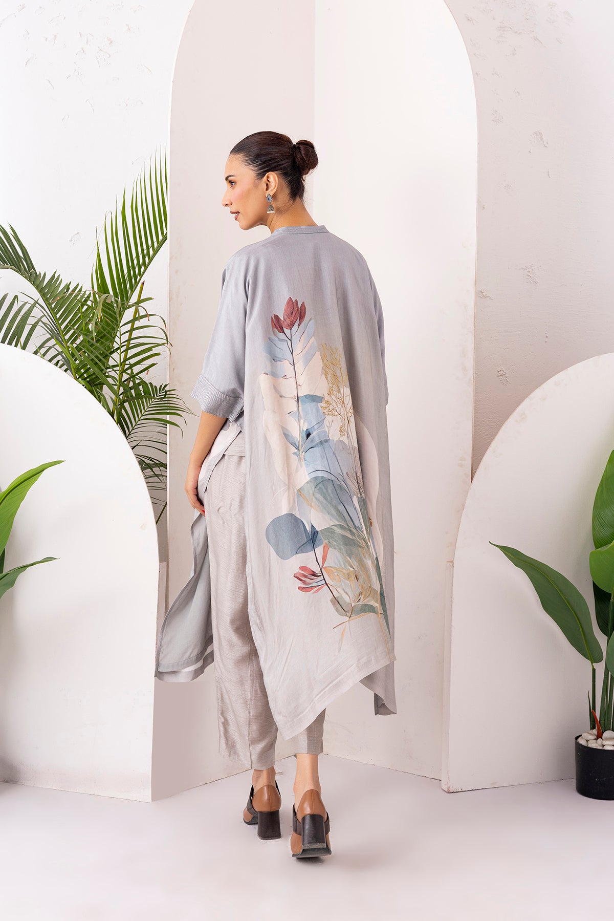 Grey Viscose Dupion Printed Kaftan Style Dress