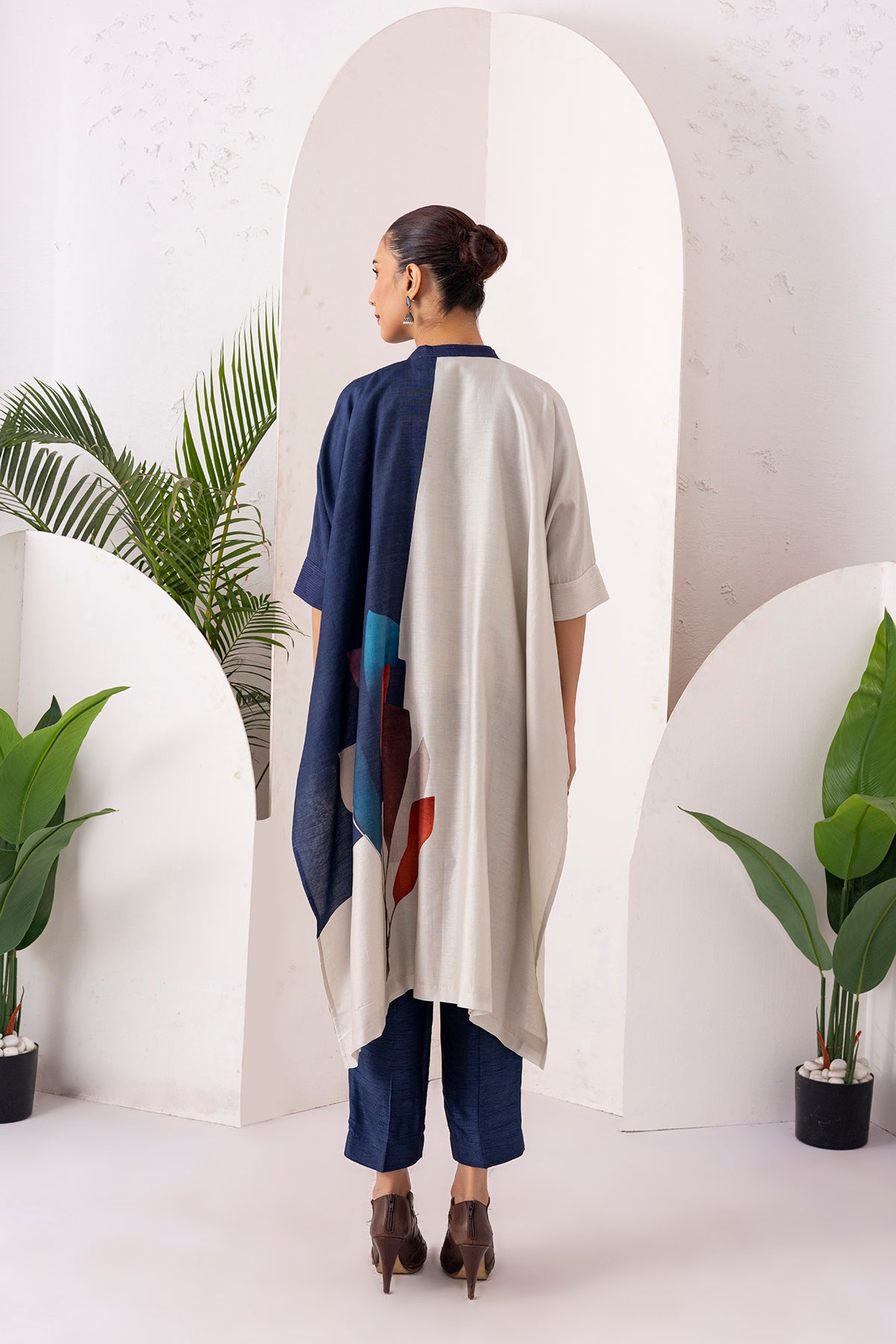 Blue & Ivory Silk Chanderi Printed Kaftan Style Dress