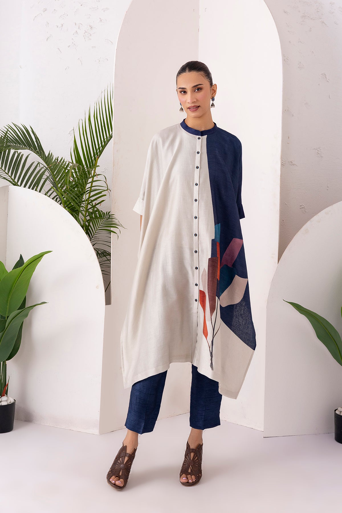 Blue & Ivory Silk Chanderi Printed Kaftan Style Dress