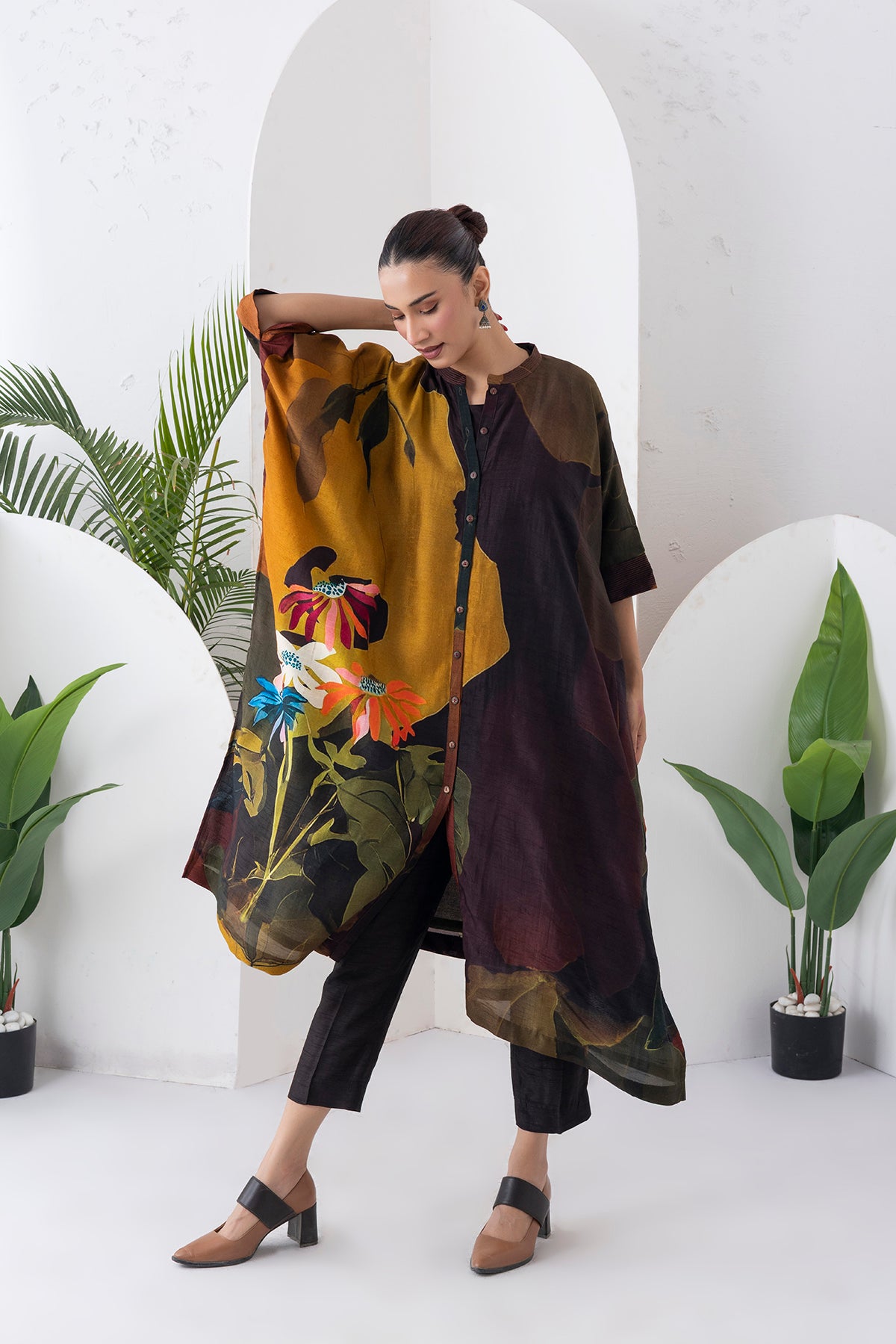 Mustard & Brown Viscose Dupion Printed Kaftan Style Dress