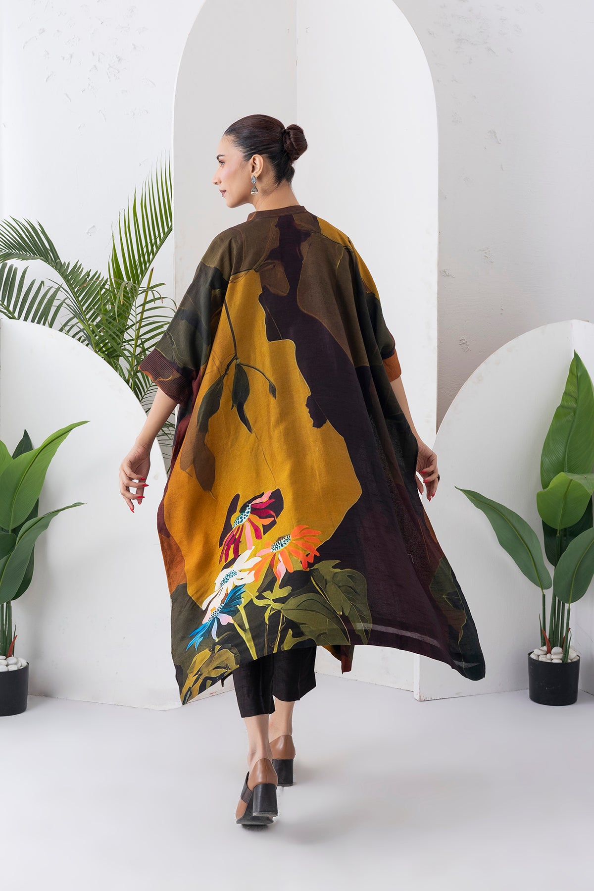 Mustard & Brown Viscose Dupion Printed Kaftan Style Dress