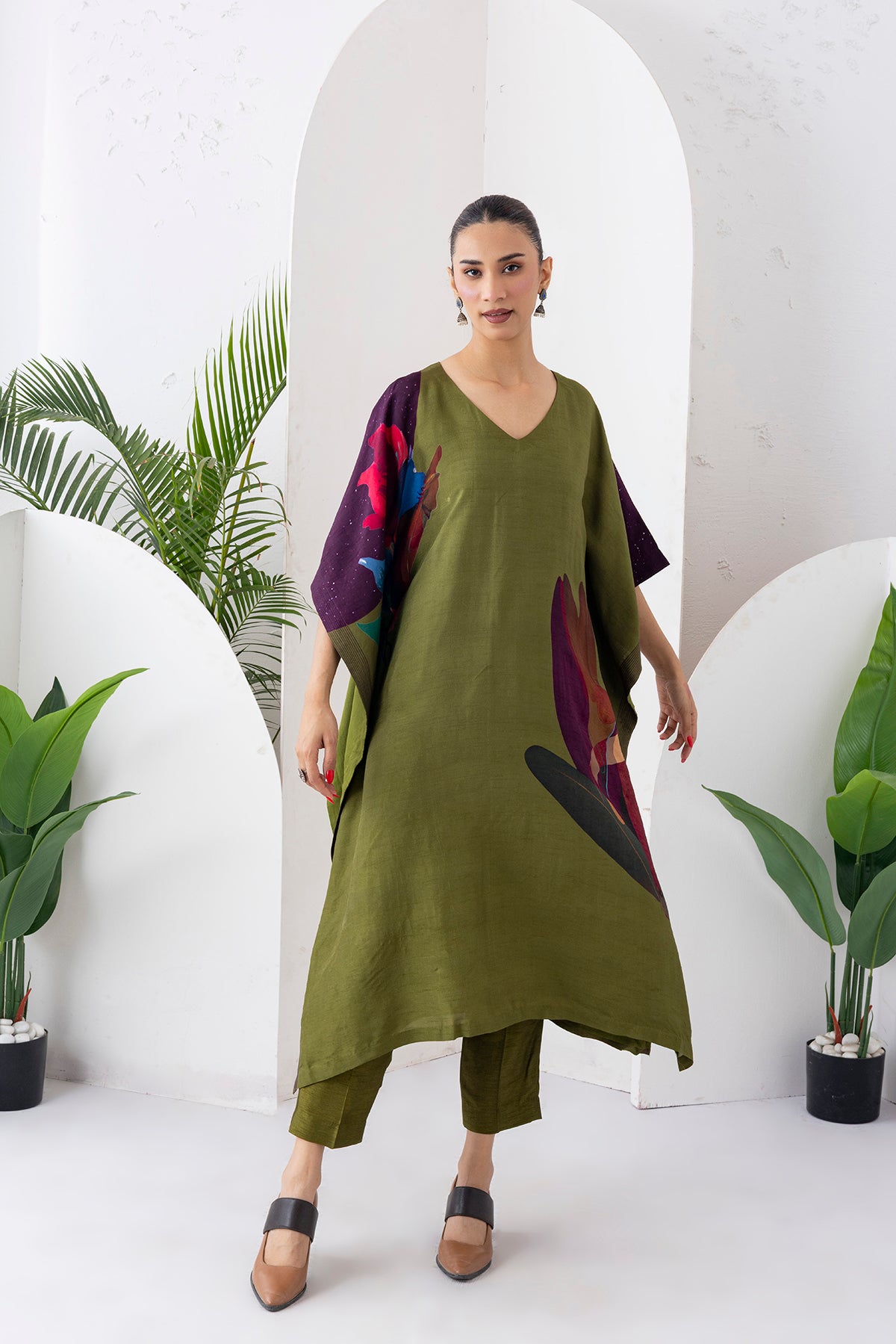 Leaf Green Viscose Dupion Printed Kaftan