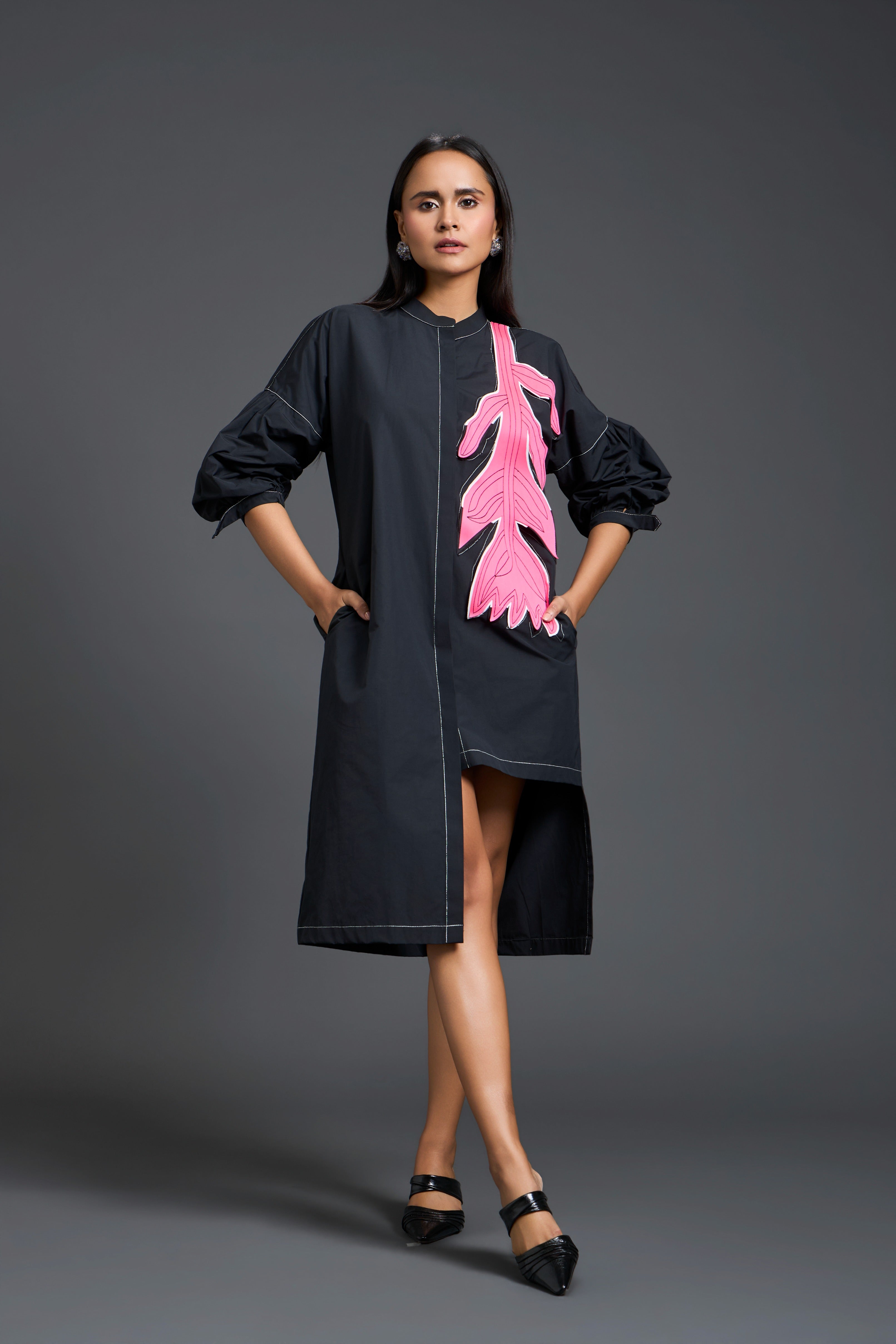 Black Floral Patchwork Shirt Dress