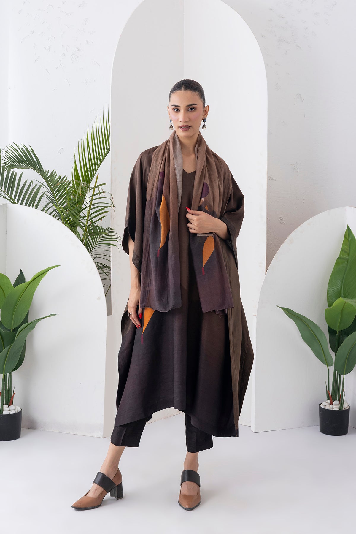 Shades Of Brown Viscose Dupion Printed Kaftan