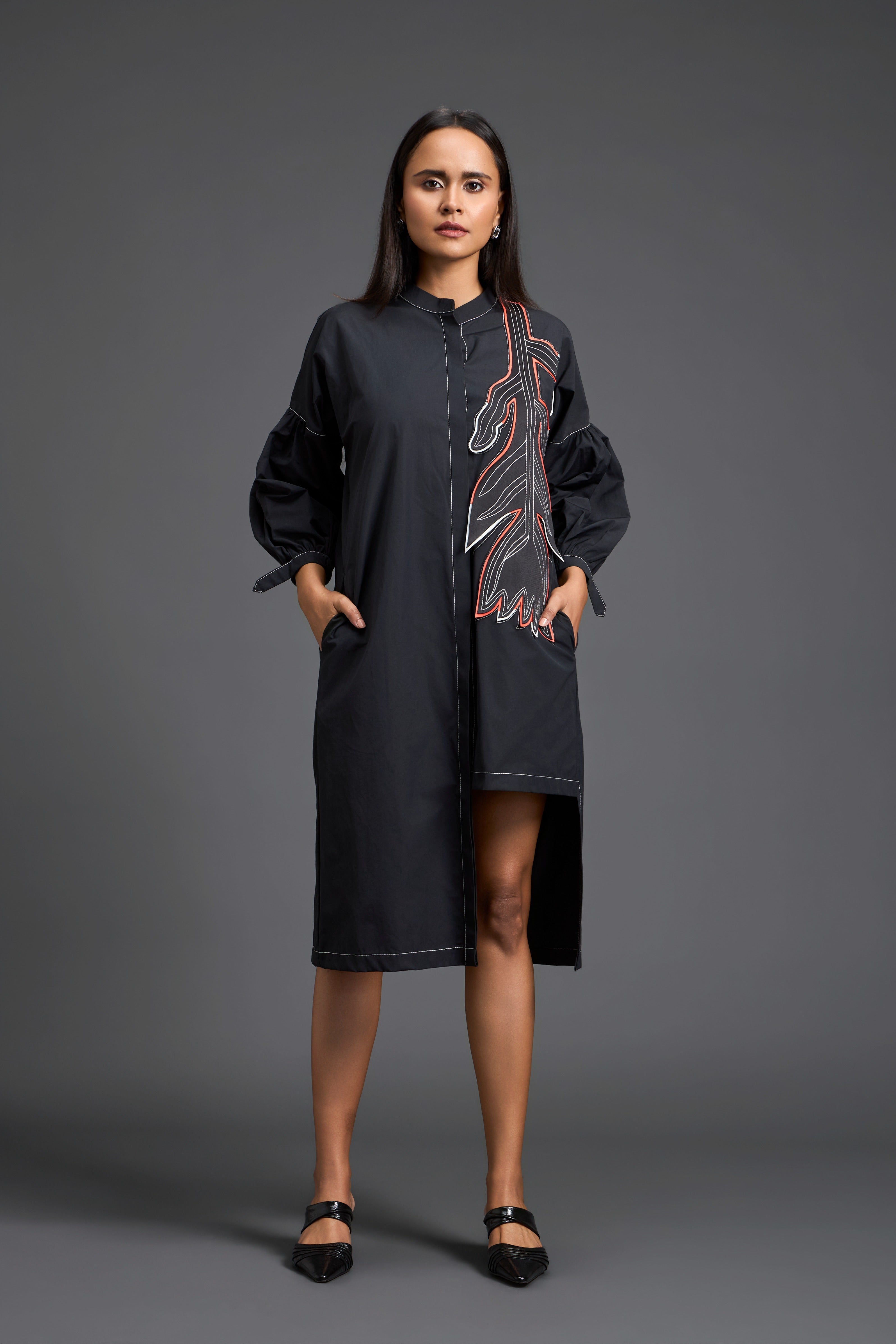 Black Floral Patchwork Shirt Dress