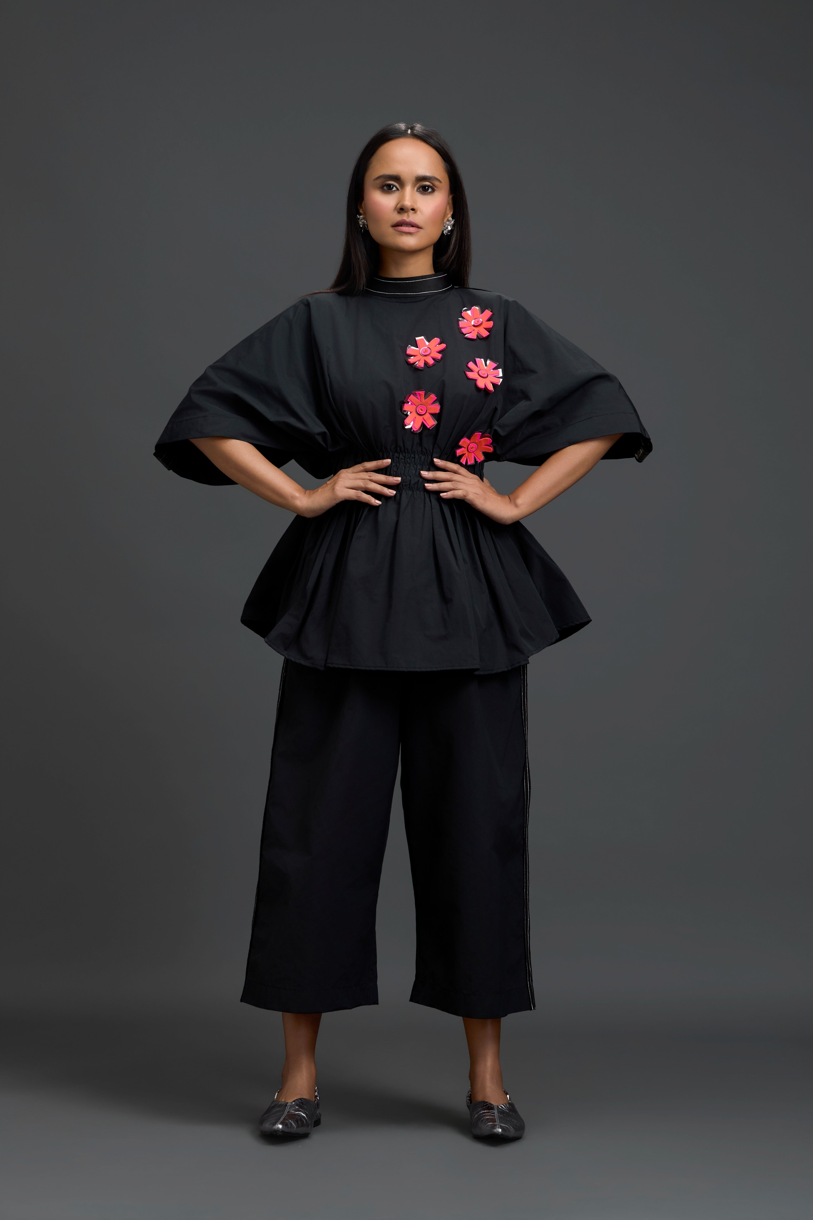 Black Floral Peplum Co-Ord Set