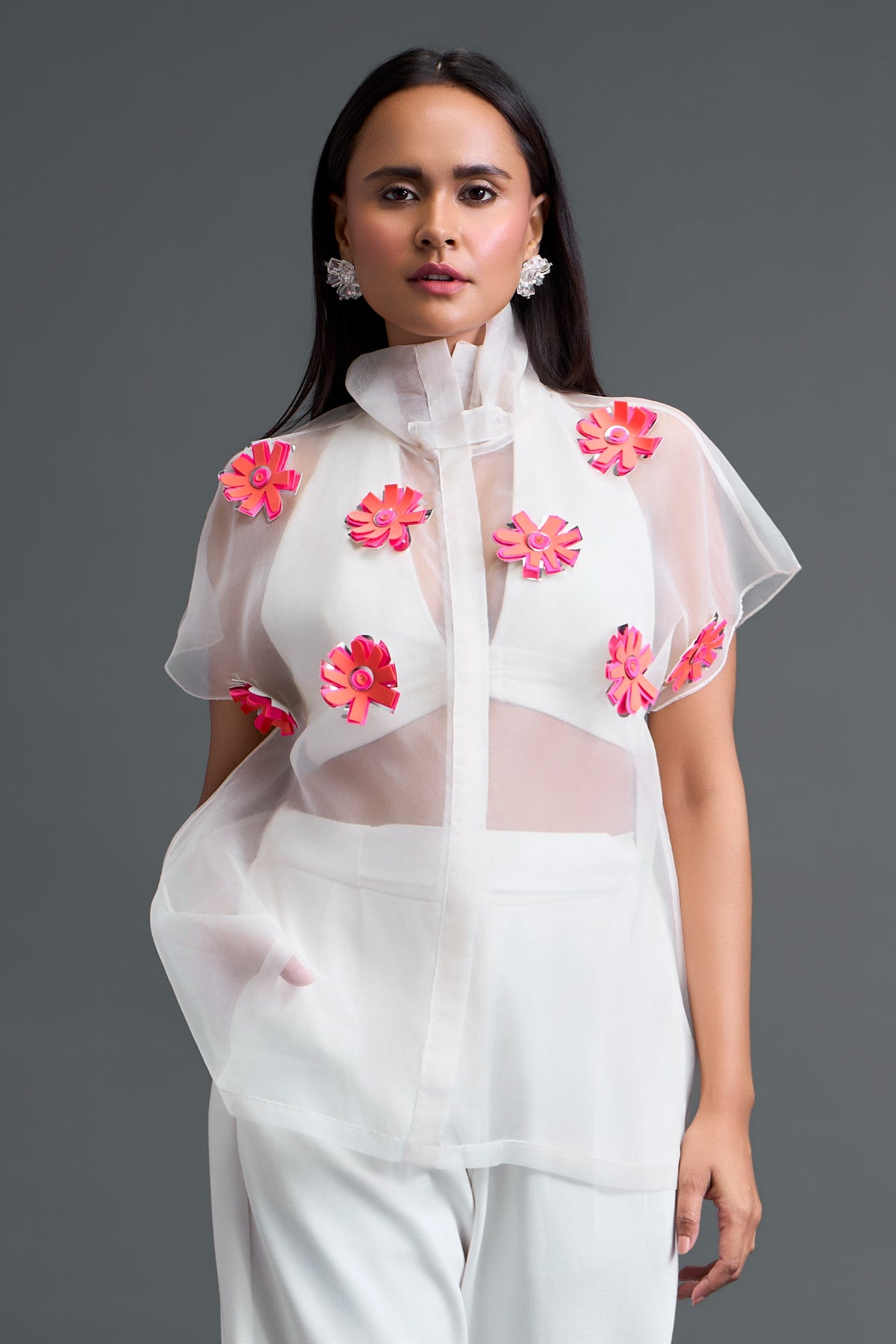 White Halter Organza Floral Top