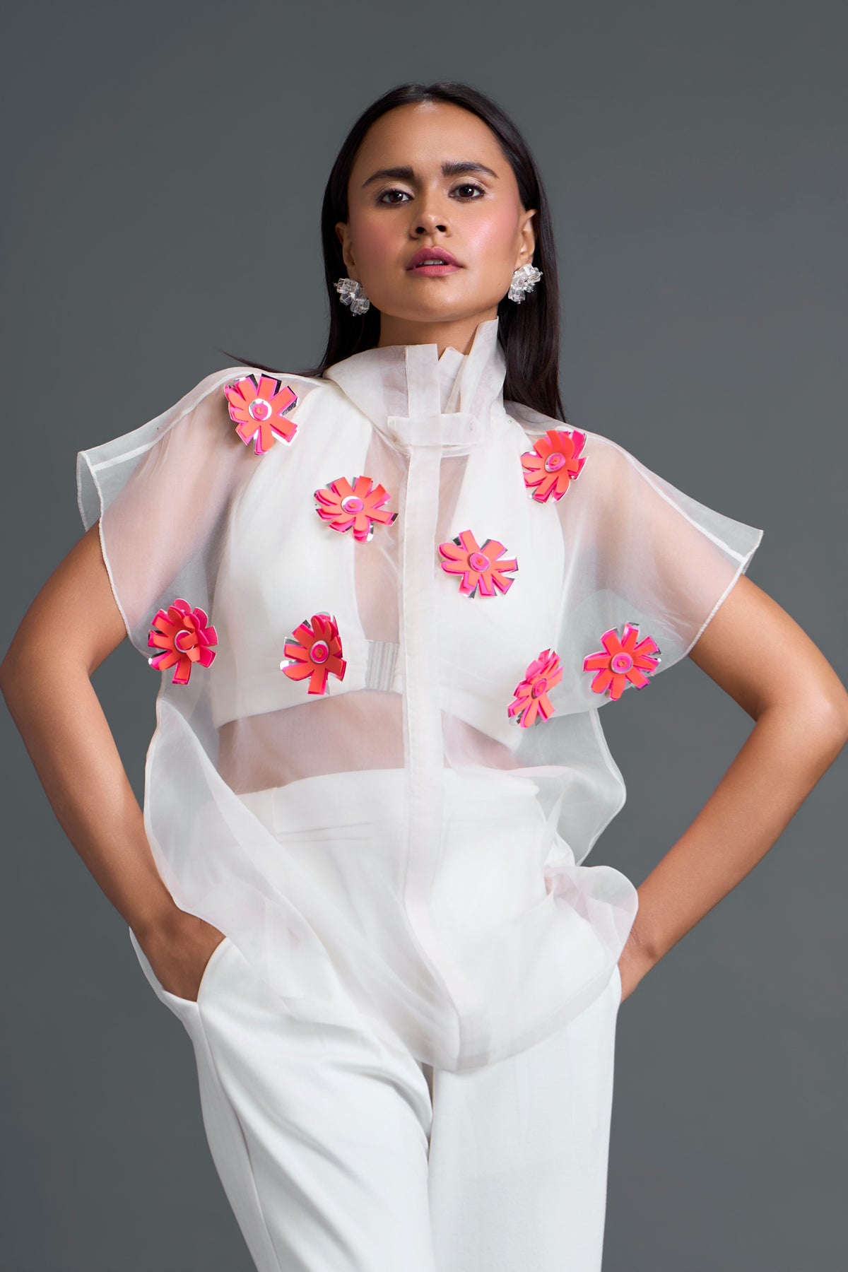 White Halter Organza Floral Top