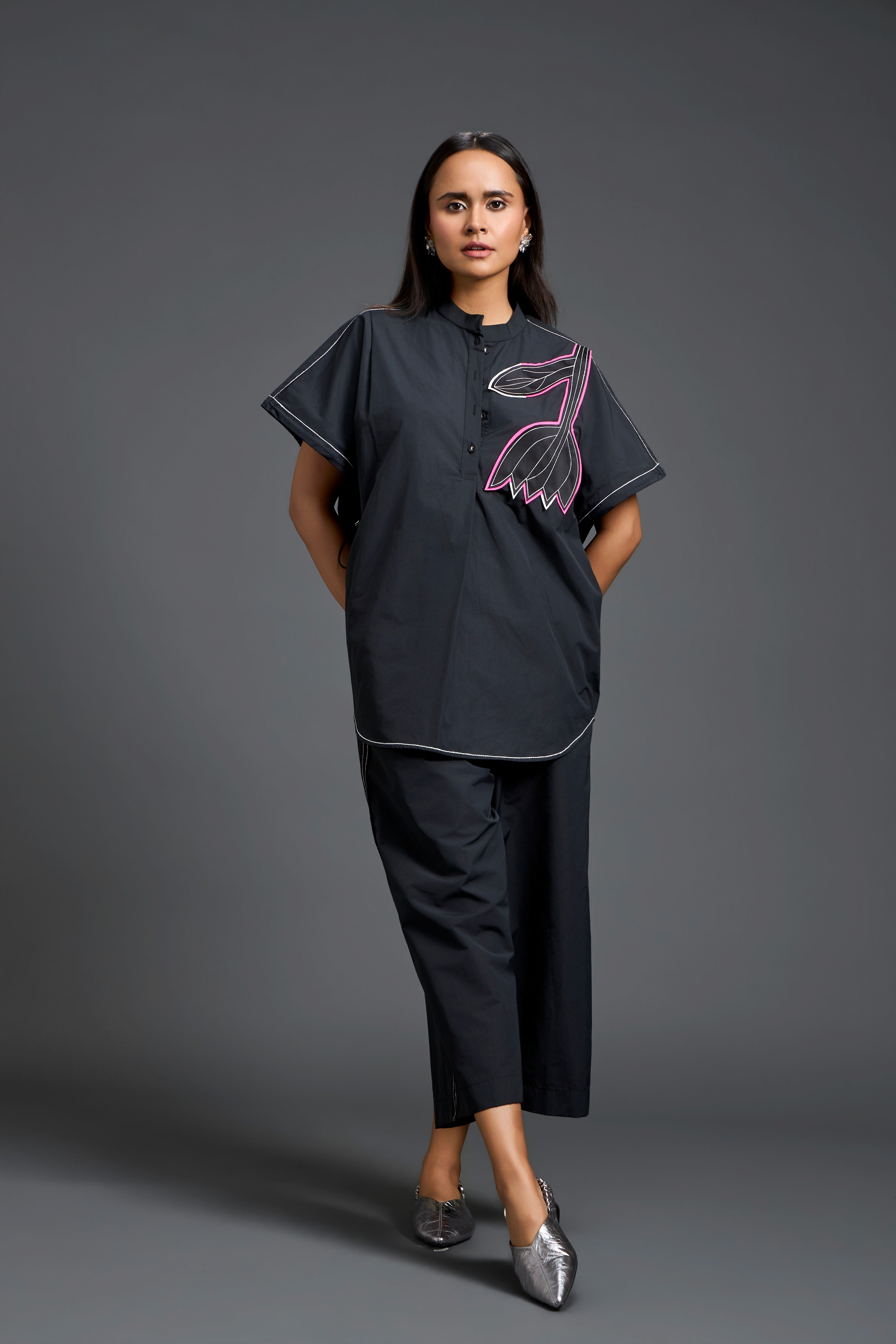 Black Floral Patchwork Shirt & Trouser Set