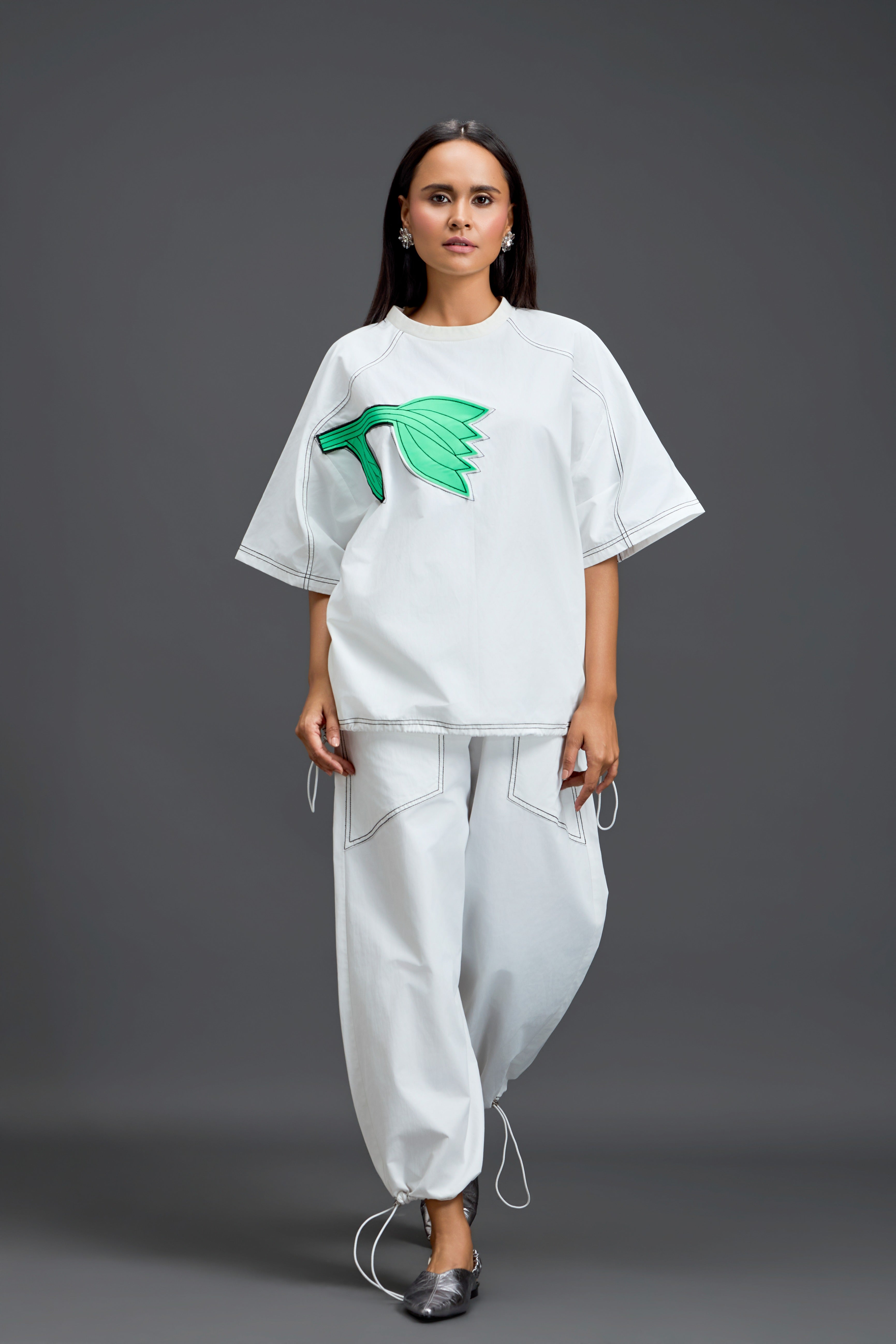 White Floral Patch Top & Drawstring Trouser Set