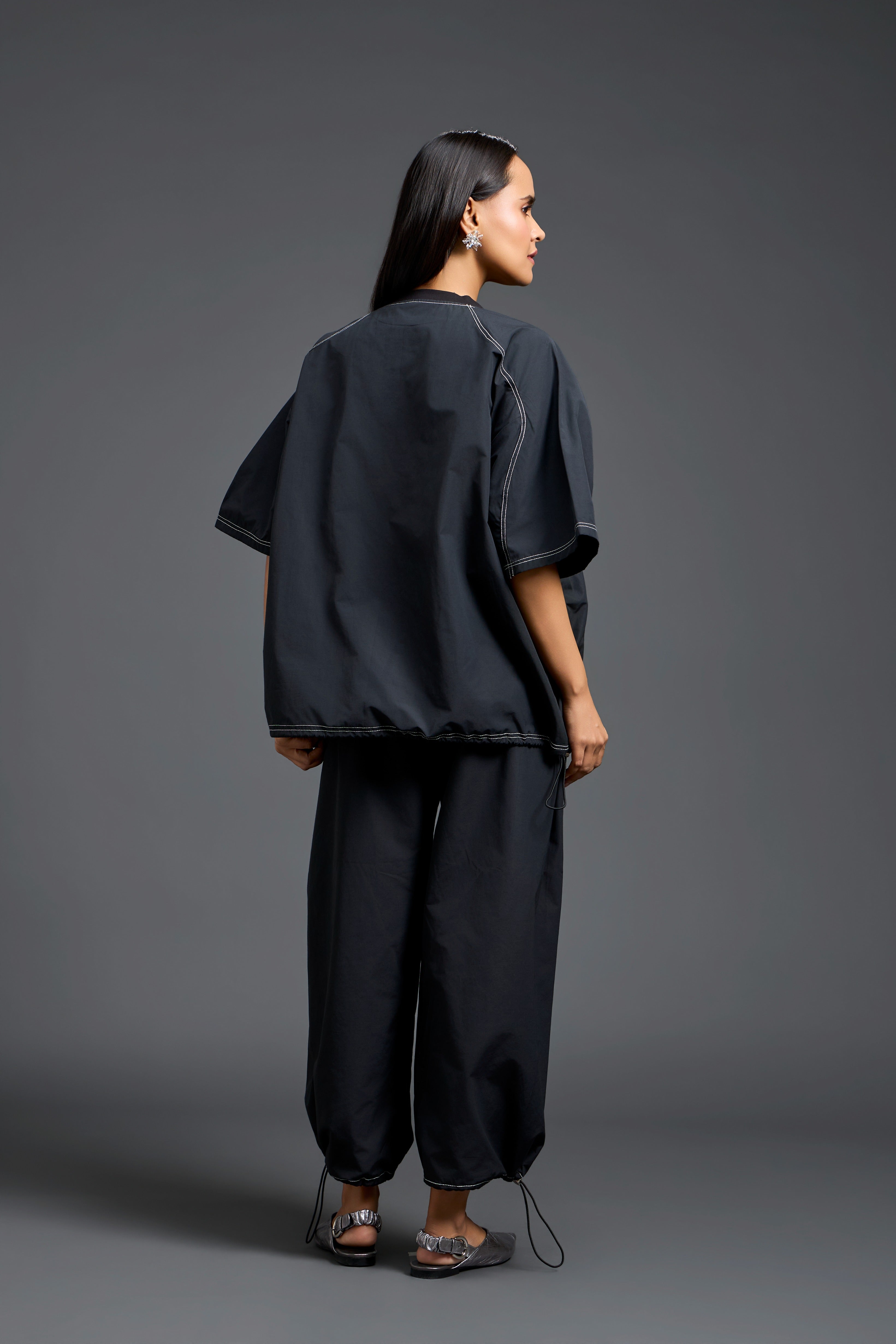 Black Floral Patch Top & Drawstring Trouser Set