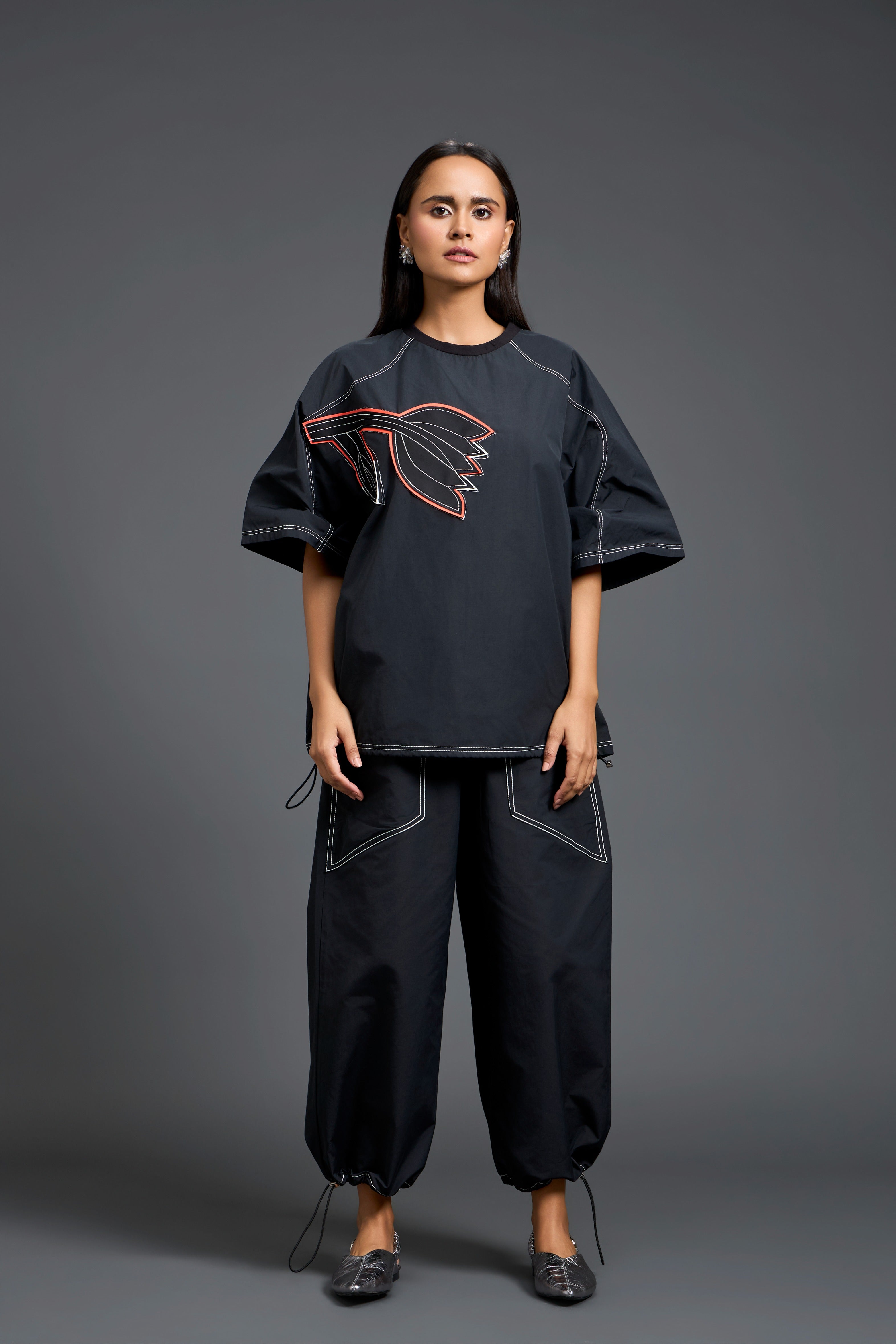 Black Floral Patch Top & Drawstring Trouser Set