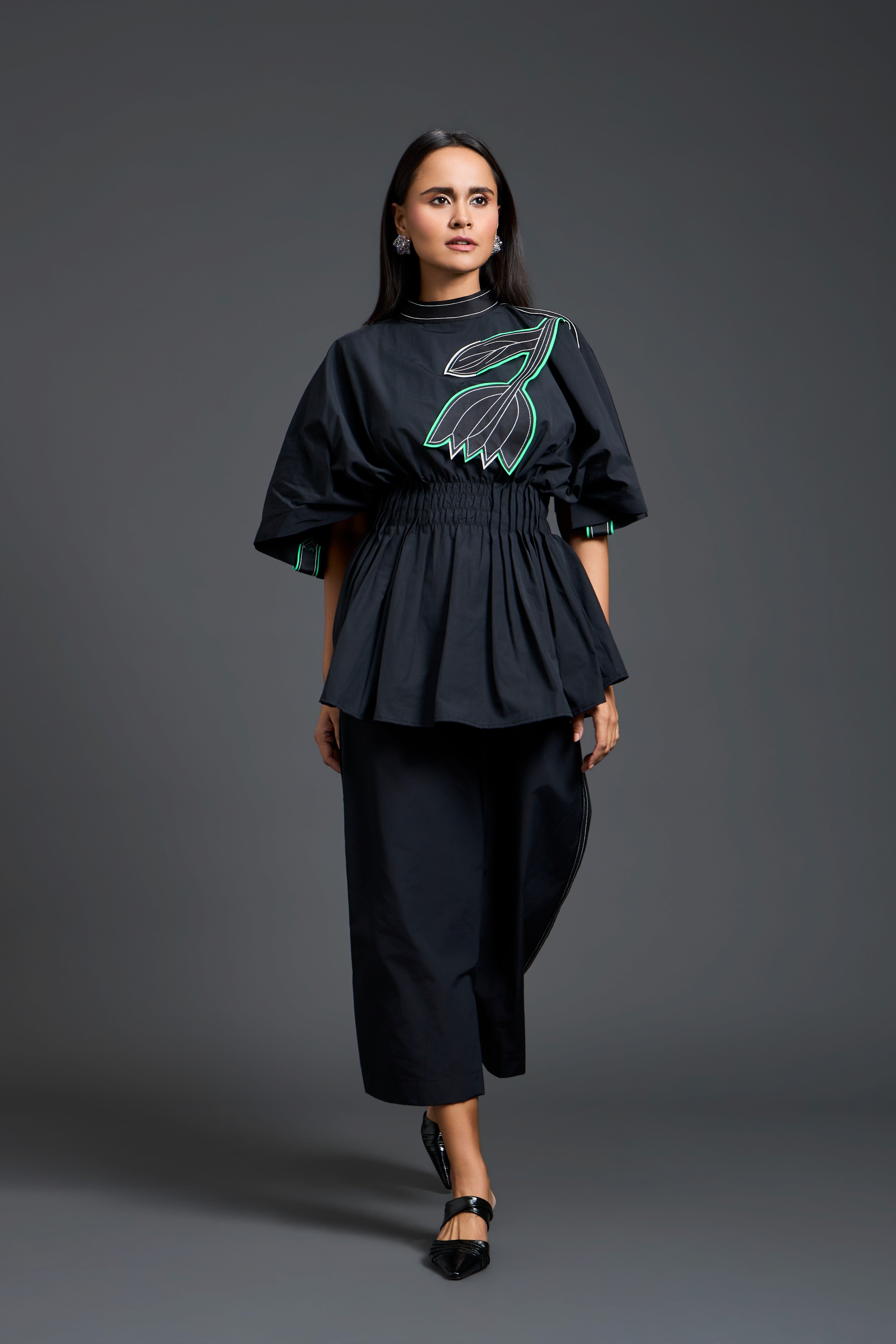 Black Floral Peplum Trouser Set