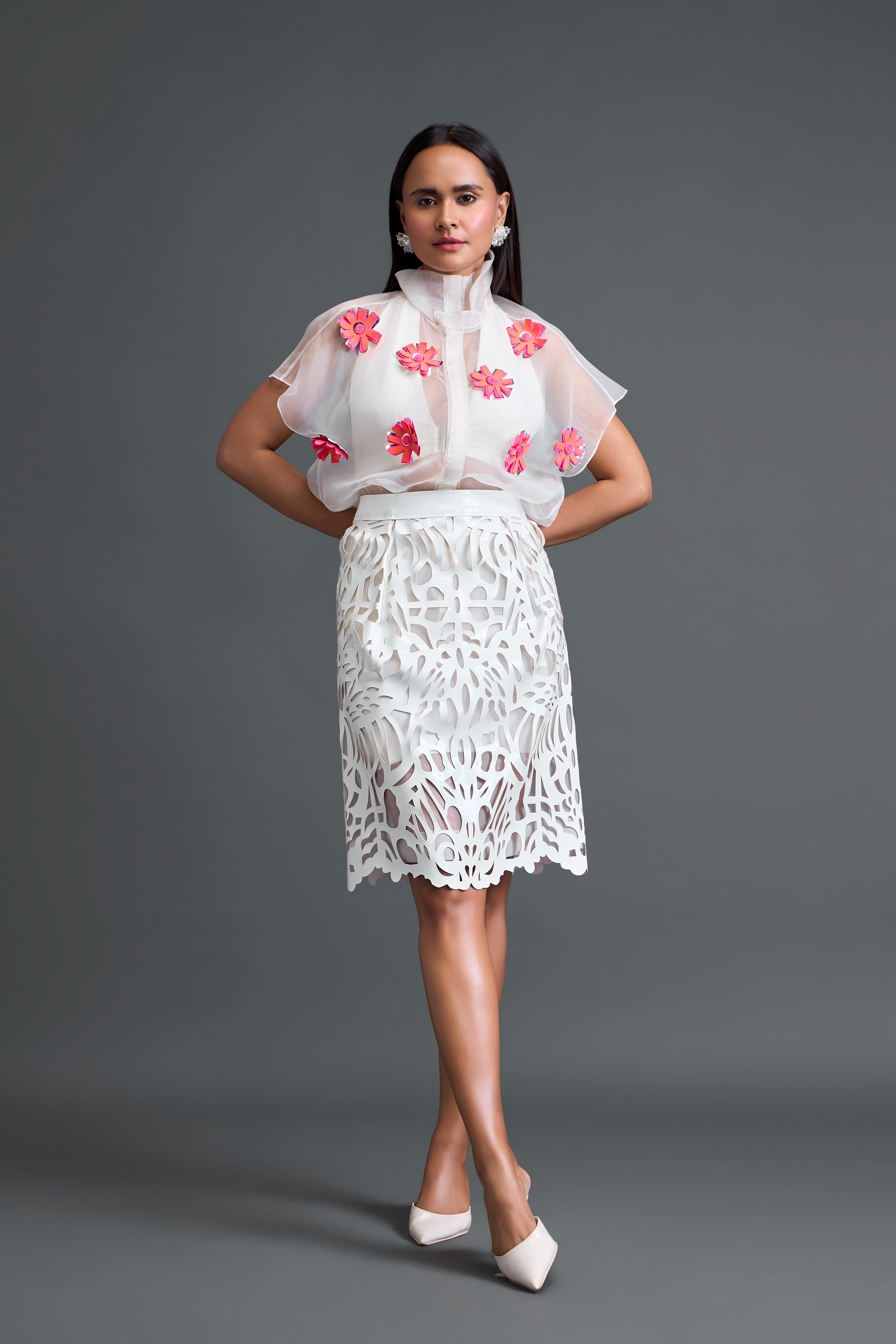 White Three-Piece Laser-Cut Skirt Set
