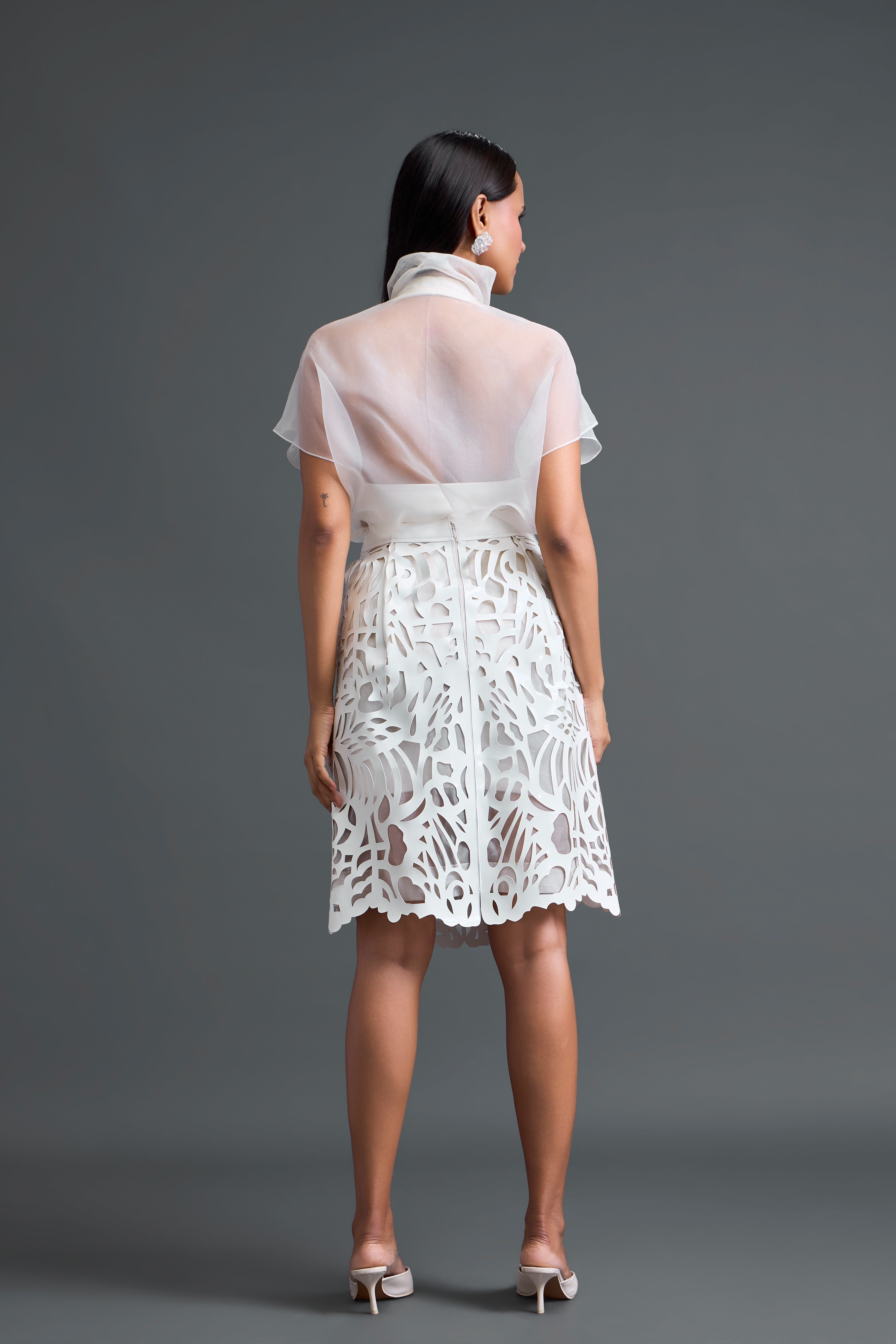 White Three-Piece Laser-Cut Skirt Set