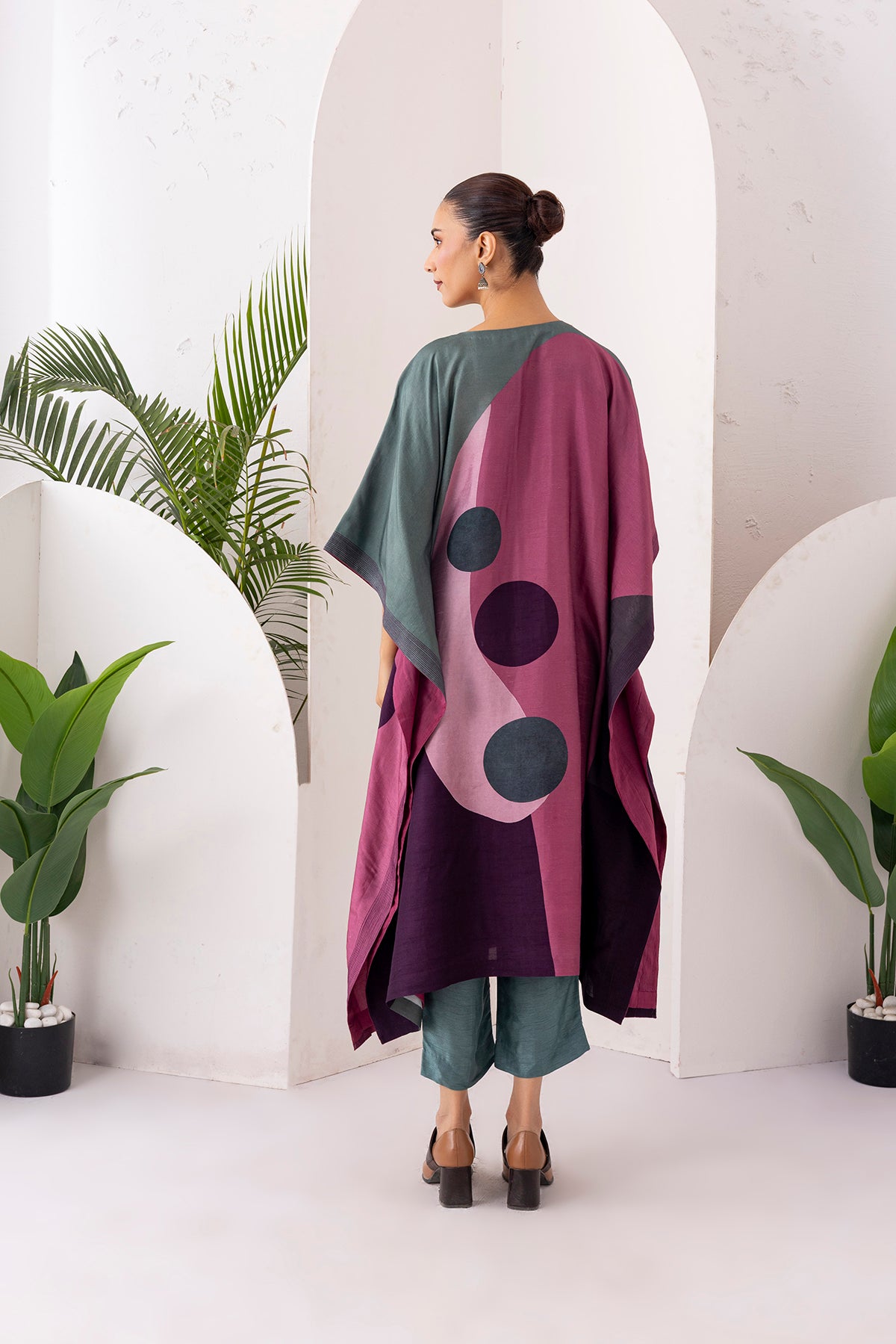 Sage Green & Salmon Pink Viscose Dupion Printed Kaftan