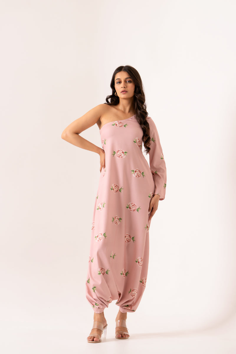 Pink Sand One-Shoulder Dhoti Jumpsuit
