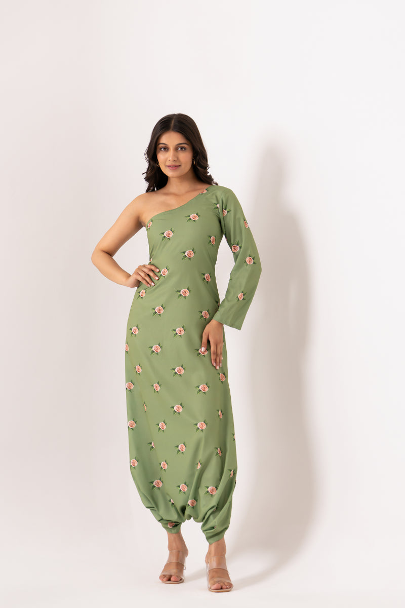 Seafoam Green One-Shoulder Dhoti Jumpsuit