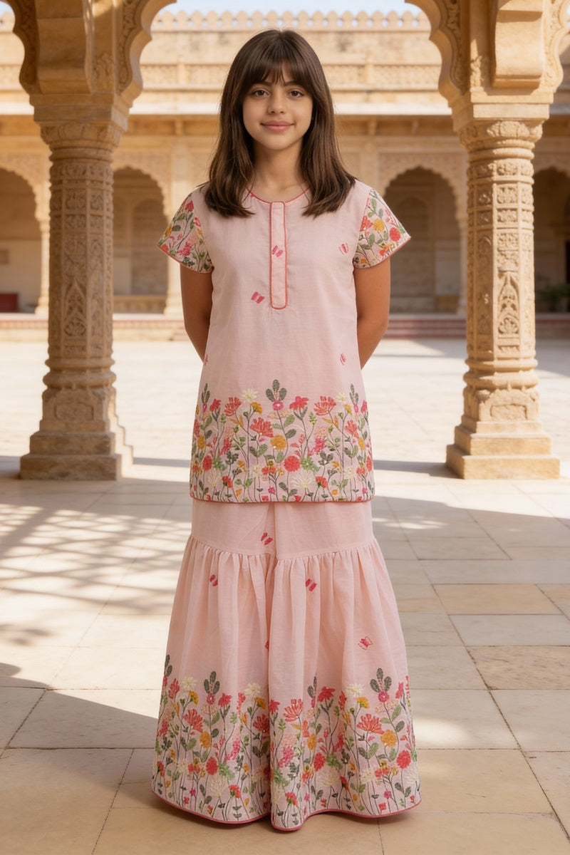 Peach Embroidered Kurti Sharara Set