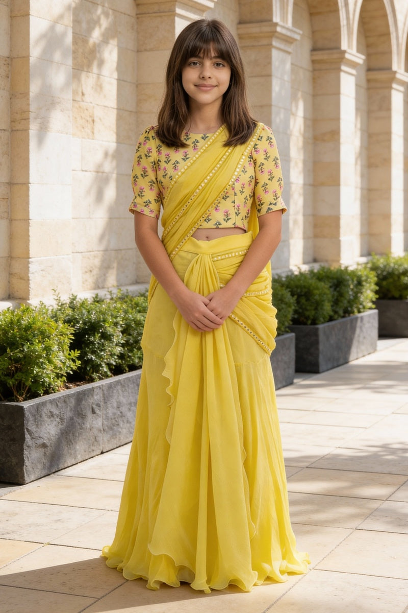 Yellow Printed Choli with Lehenga Saree