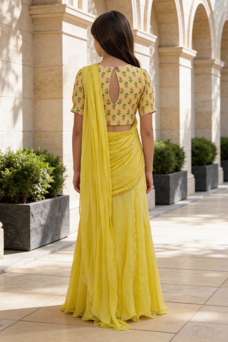 Yellow Printed Choli with Lehenga Saree