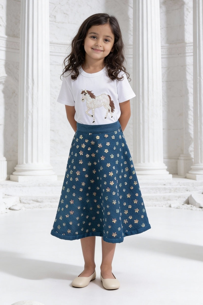 White Embroidered T-Shirt with Demin Skirt